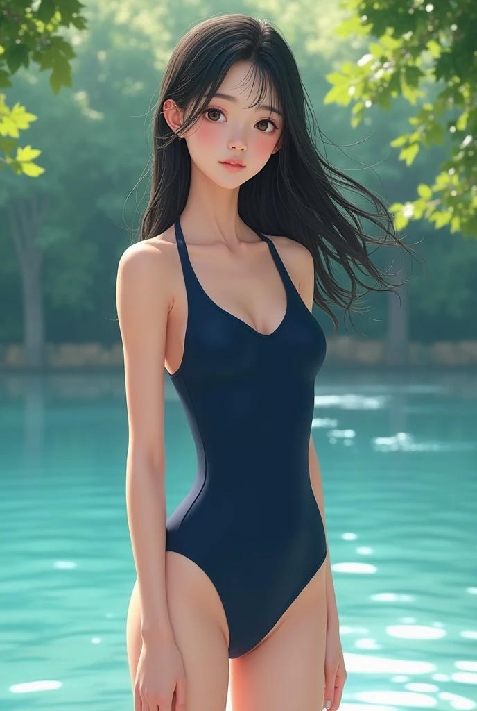 (((One girl,alone))),(Highly realistic photos, High resolution, Detailed face, Beautiful Eyes) Japanese women, 30 years old, Cute Face, model, Medium chest, ,Hairstyle, Healthy Body,Depth of written boundary,Narrow eyes,Light Smile、Wind、Waterfront、Dark Shadow、Simple Background、(One piece type competitive swimsuit),Perfect Face