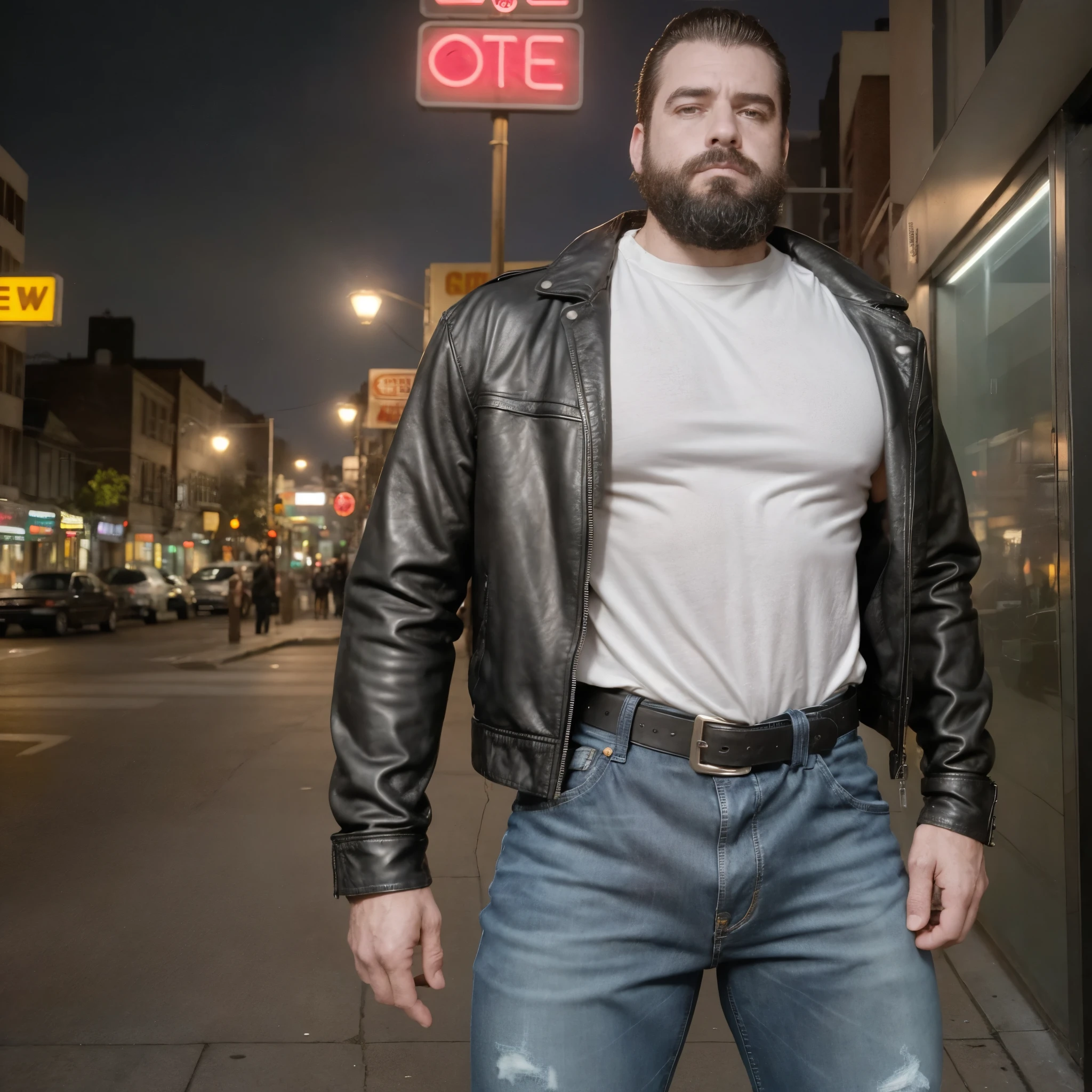 The white man, muscular, 3, with his beard outlined, appears in 1996, wearing a tight black leather jacket, a classic symbol of mid-90s fashion. Below, A slightly baggy grey T-shirt peeks out, Balancing the rebellious look. The setting is a night street with neon lights and backlit shop windows., evoking the urban spirit of the times. the camera, from a high angle, captures his serious face and broad shoulders, while also focusing on the top of his dark jeans and a thick belt. The street lights reflect on the jacket, adding a dramatic shine that highlights its worked physique and the texture of the leather, intensifying the 90s vibe.