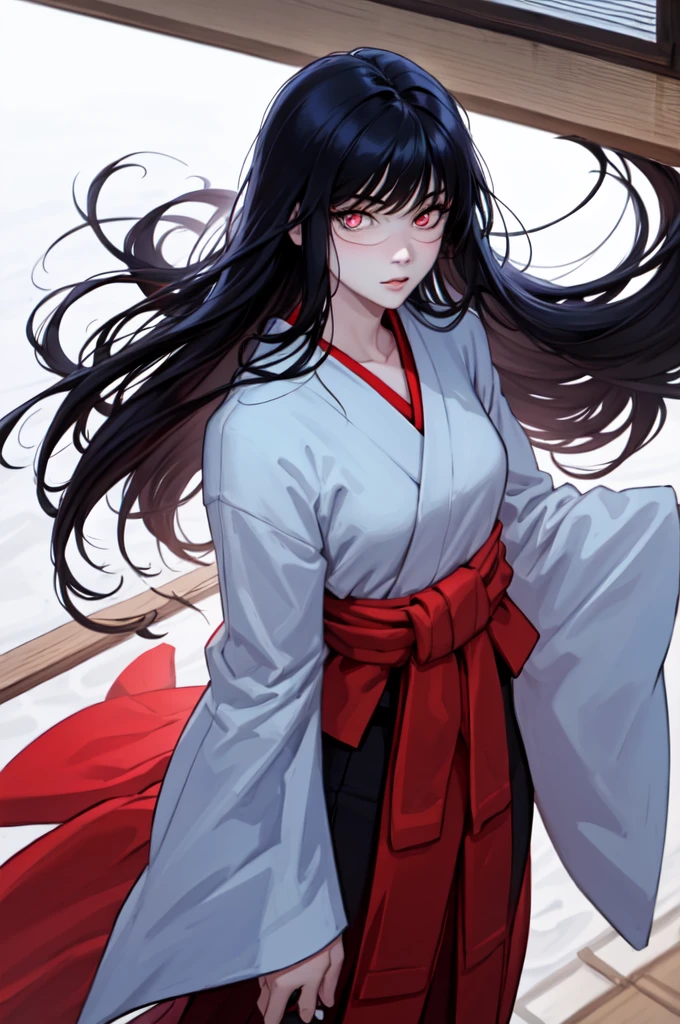 work of art, best qualityer, ultra detali, 1 girl, aged up_High above, standing alone, looking ahead at viewer, you,  Bblack hair, long black hair hime cut, Japanese miko costume, close-High above, pretty detailed eyes 