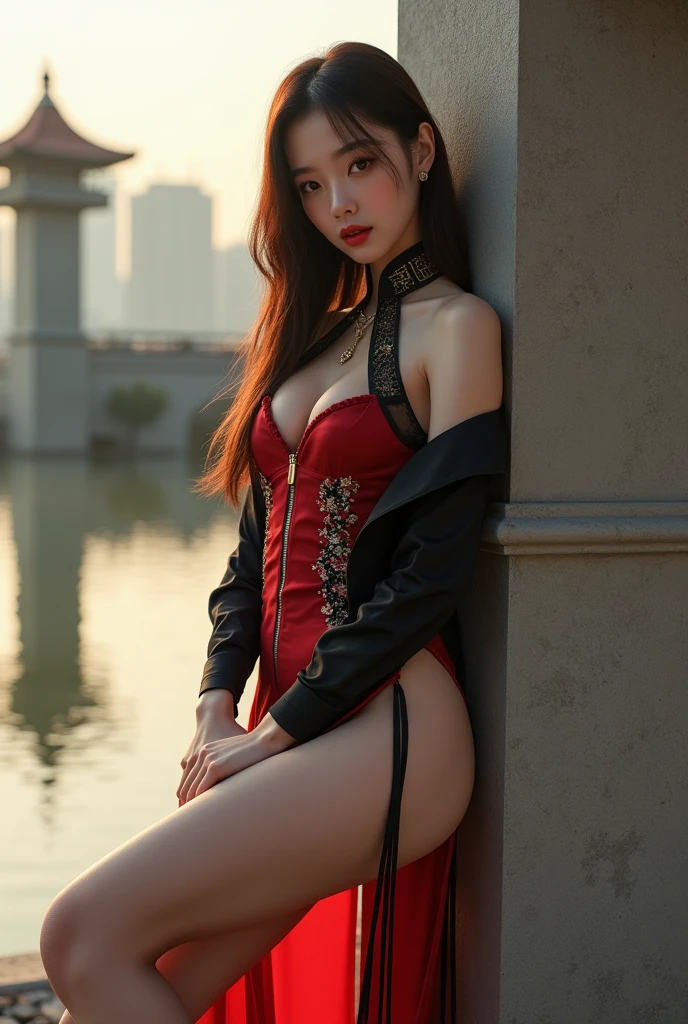 Beautiful woman with red lips, black long thick hair, curve hourglass body, big breast, red micro bikini, red higheels, catch by police, dirty place, sweaty, affraid face, tiring, horror, cinematic, crying, jail, abandoned prison