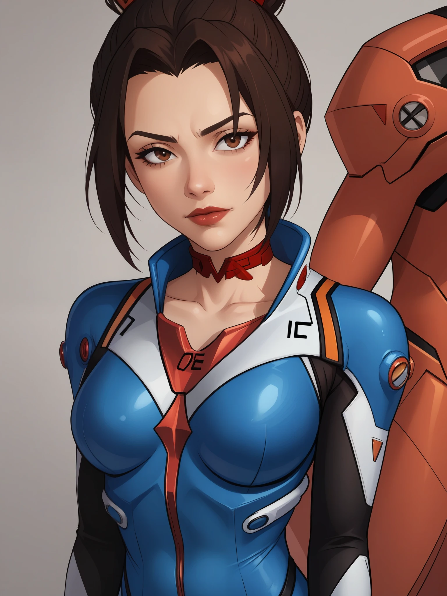 Azula. dark brown hair. cold brown eyes. choker. red evangelion suit. bow