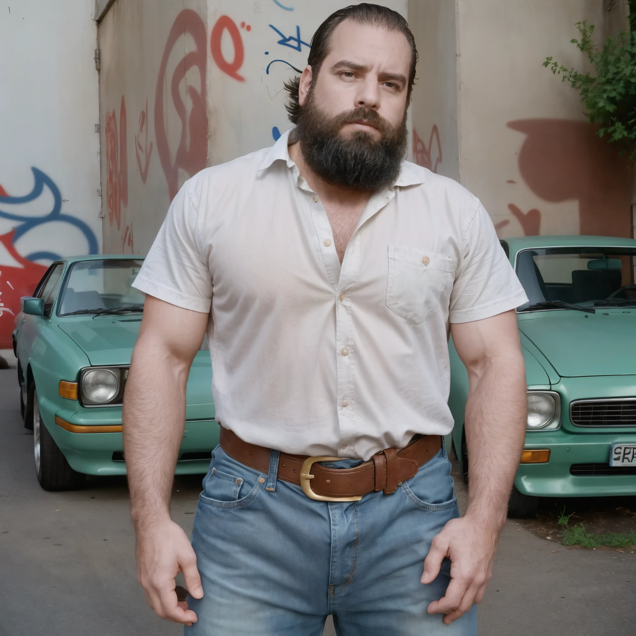 The white man, muscular, 3, with his beard outlined, appears transported to the late 90s. Wear a light, slightly loose denim shirt, typical of 1998, with sleeves rolled up to the elbows, highlighting his worked arms. the environment is urban, with graffiti on the walls and period cars parked on the street, creating a nostalgic atmosphere. the camera, from a high angle, captures his serious face and a slightly defiant expression, while also focusing on the top of her relaxed-fit jeans, Worn with a thick brown leather belt. Natural daylight creates a soft contrast, highlighting the details of his clothing and his muscles under the fabric, evoking the casual but careful fashion of that era.