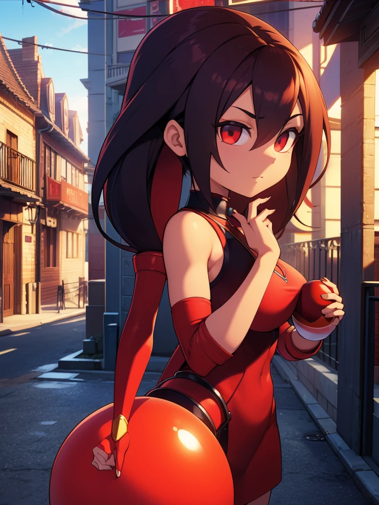 Render a realistic 3D scene featuring Demi grasping a polished red orb, her posture exuding control and satisfaction as she gazes at the mysterious spherical object in her hands. street scene with baslket ball court behind them
