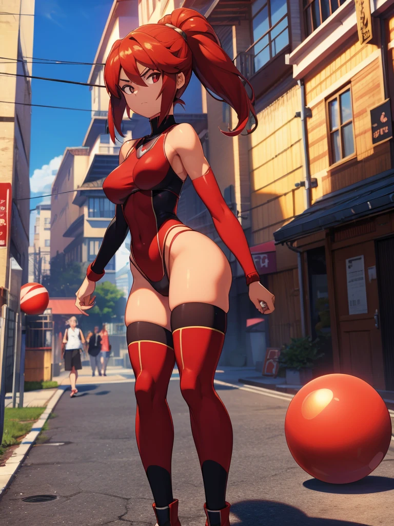 Render a realistic 3D scene featuring Demi grasping a polished red orb, her posture exuding control and satisfaction as she gazes at the mysterious spherical object in her hands. street scene with baslket ball court behind them
