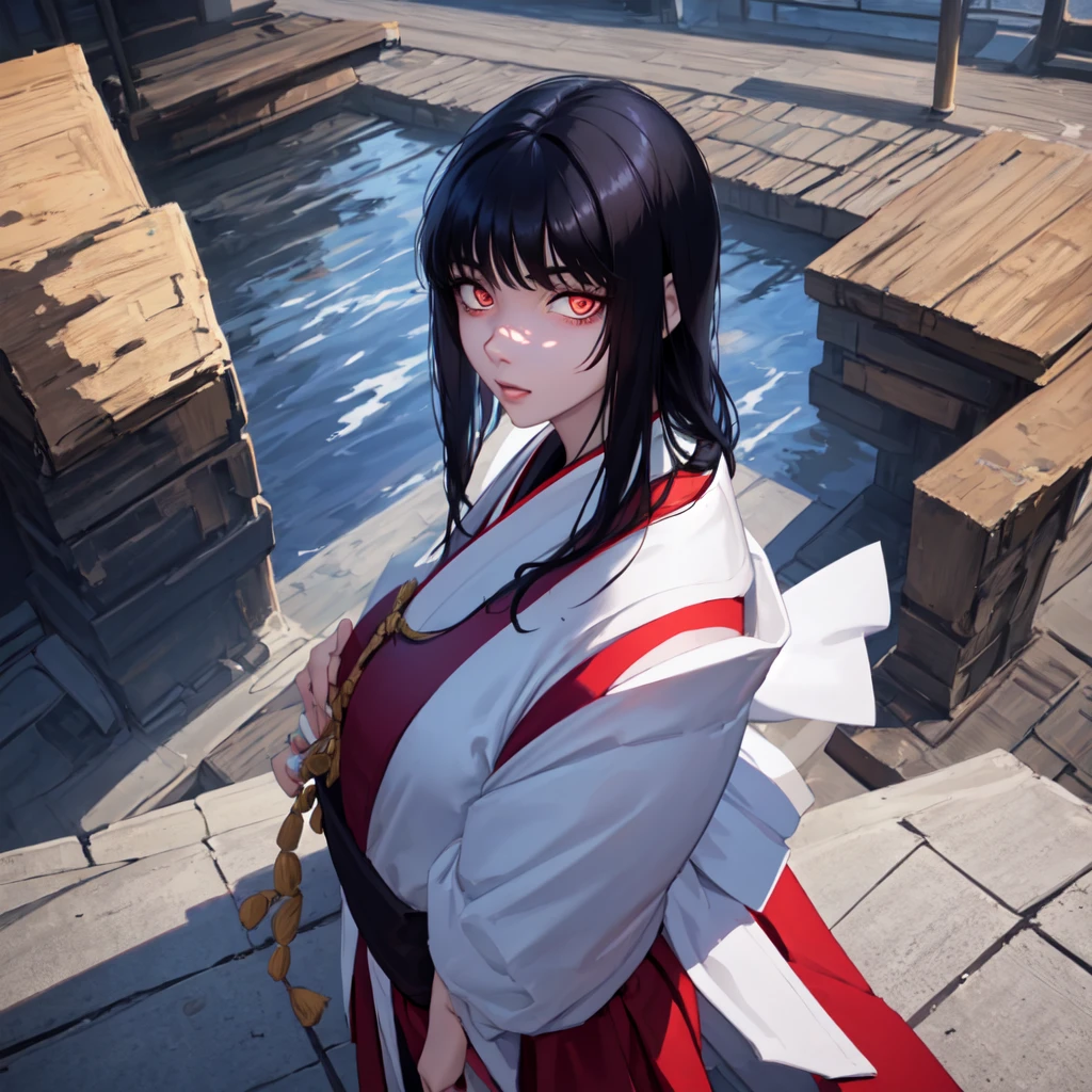 work of art, best qualityer, ultra detali, 1 girl, aged up_High above, standing alone, looking ahead at viewer, you, Bblack hair, long black hair hime cut, Japanese miko costume, close-High above, pretty detailed eyes, detailedeyes, super detailed eyes, best qualityer 