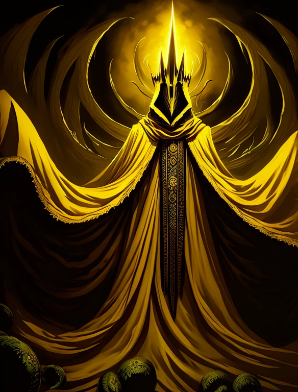 a painting of hastur the king in yellow, yellow-robed, beautiful male ,king in yellow, hastur the king in yellow, , portrait of hastur the king in yellow, the king in yellow,honoring hastur the king in yellow artwork, portrait of the god hastur,hastur,galactic deity, concept art of hastur the king in yellow, peter mohrbacher style,