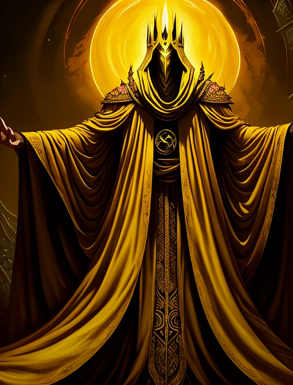 a painting of hastur the king in yellow, yellow-robed, beautiful male ,king in yellow, hastur the king in yellow, , portrait of hastur the king in yellow, the king in yellow,honoring hastur the king in yellow artwork, portrait of the god hastur,hastur,galactic deity, concept art of hastur the king in yellow, peter mohrbacher style,