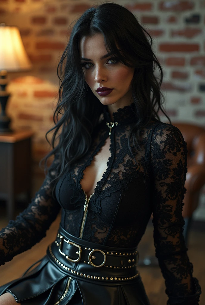 Draw a slim girl with long black curly hair and dark brown eyes, dressed for an evening gala that looks rock with a grunge and sexy touch for the occasion