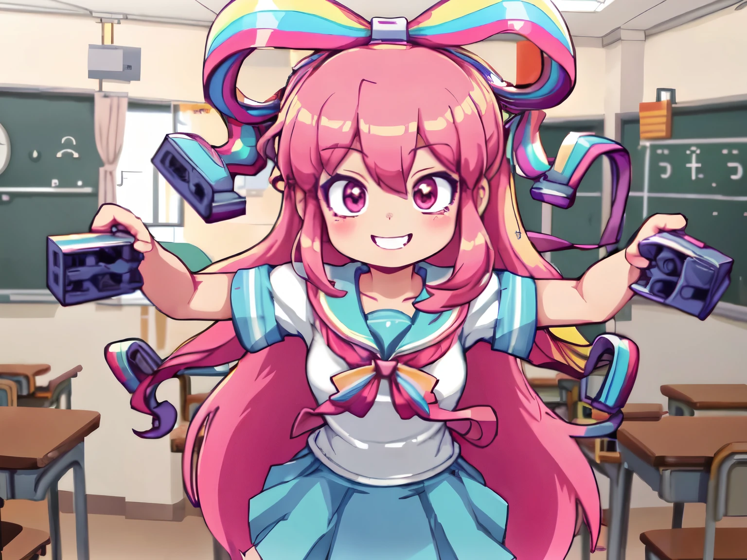 giffany, school uniform, (cable bow:1.3), 1girl, solo, smile, masterpiece, best quality, colorful.