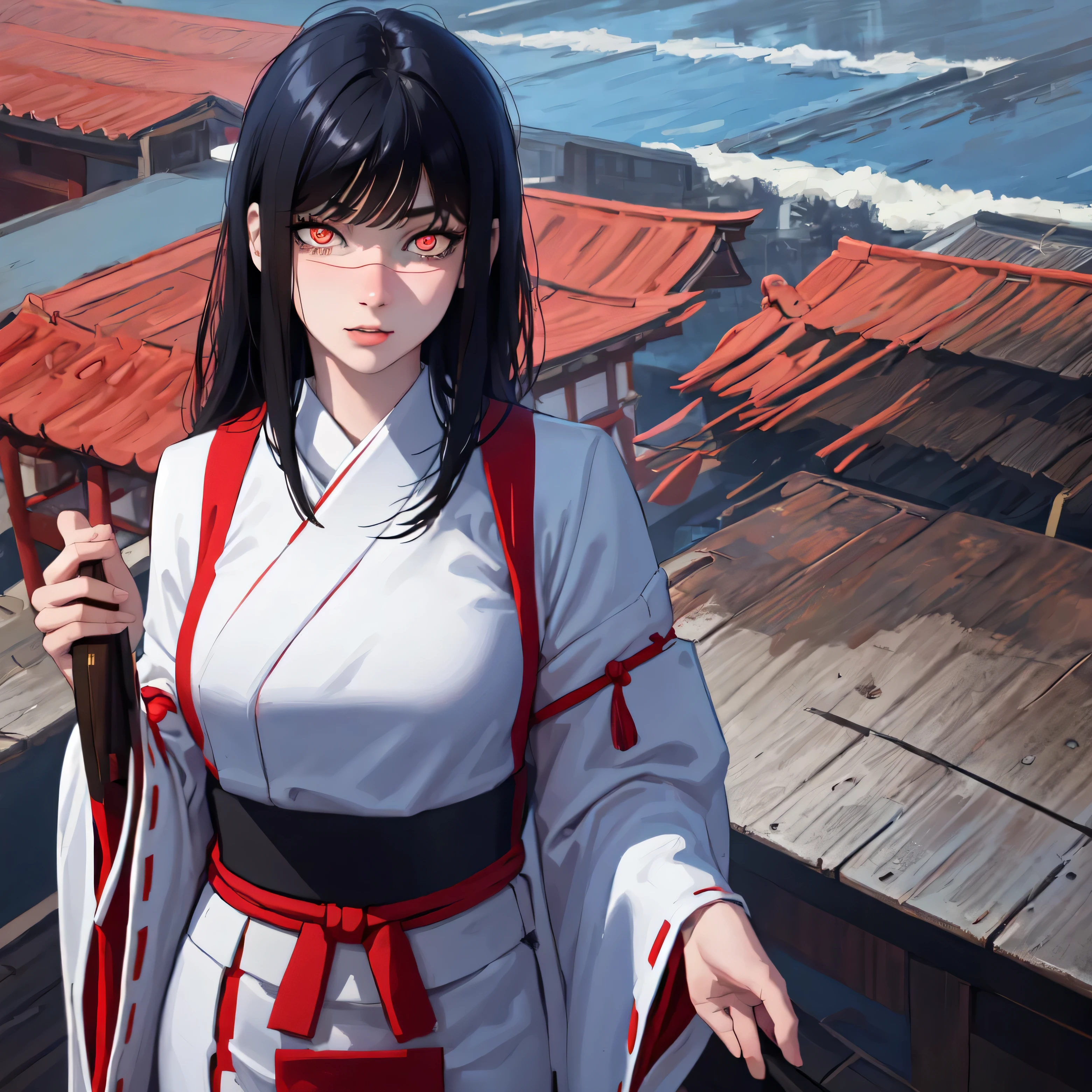 work of art, best qualityer, ultra detali, 1 girl, aged up_High above, standing alone, looking ahead at viewer, you, Bblack hair, long black hair hime cut, Japanese miko costume, close-High above, pretty detailed eyes, detailedeyes, super detailed eyes, best qualityer 