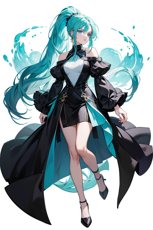 Anime, woman, hair is long to legs, pale blue hair, odd color pink and blue eyes, cool, earrings, big boob, wearing a black dress, beautiful, elegant, pure, fantasy,
