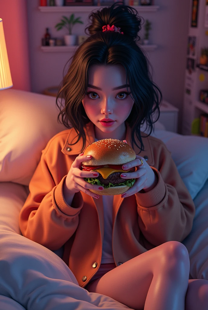 young woman, wearing crop top dirty, enge shorts, light skin, brown eyes, Eyes look straight ahead, Eyes are almond-shaped, shoulder long hair, black hair, oily hair, eats fast food, Woman lying on the bed, messy, Woman East 1,60 meters tall, Weight 75 kilograms, soft skin, flabby skin, plump, belly peeks out, soft cheeks, chubby, she almost touched her stomach with her right hand