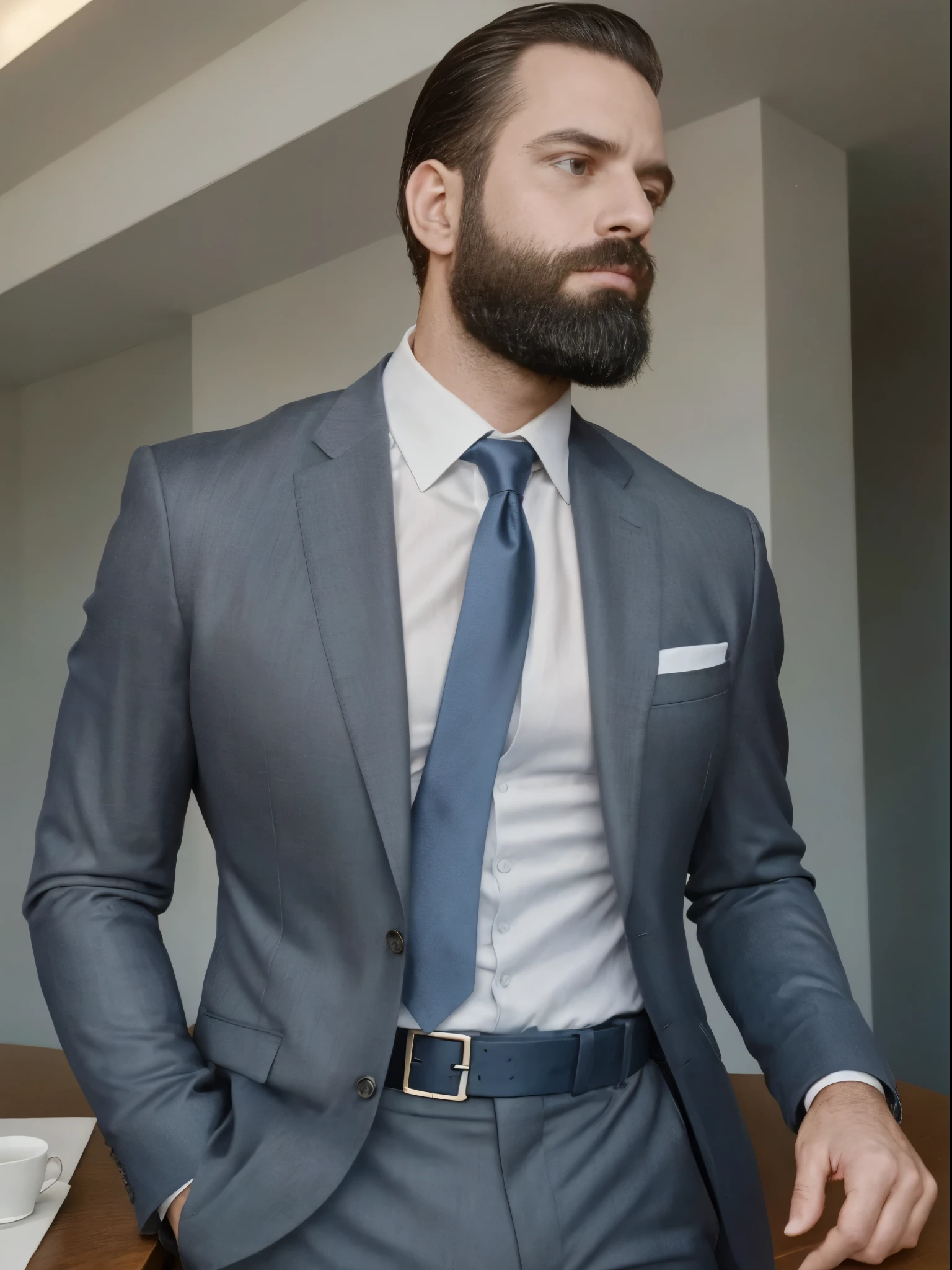 a white man, muscular, 3, with a defined beard, poses with sophistication in a 2012-inspired setting. He is wearing a navy blue slim fit suit, paired with a fitted white shirt and a skinny tie in metallic grey tones, reflecting the minimalist, fitted fashion that defined the era. The atmosphere has a modern and technological feel., with a background of large windows that allow you to see the skyline of an illuminated city, full of skyscrapers. On a nearby table, A touchscreen smartphone and wireless headphones rest next to a cup of coffee, capturing the essence of urban life in the early 1990s.

The lighting is cold, with white and blue flashes that highlight the modern structure of the environment and the silhouette of the man. the camera, in its classic high and close angle, focuses on the torso and face, highlighting his firm muscles under the tight fabric of the suit. His expression is determined, looking towards the horizon with confidence, reflecting the dynamism and ambition of the era.