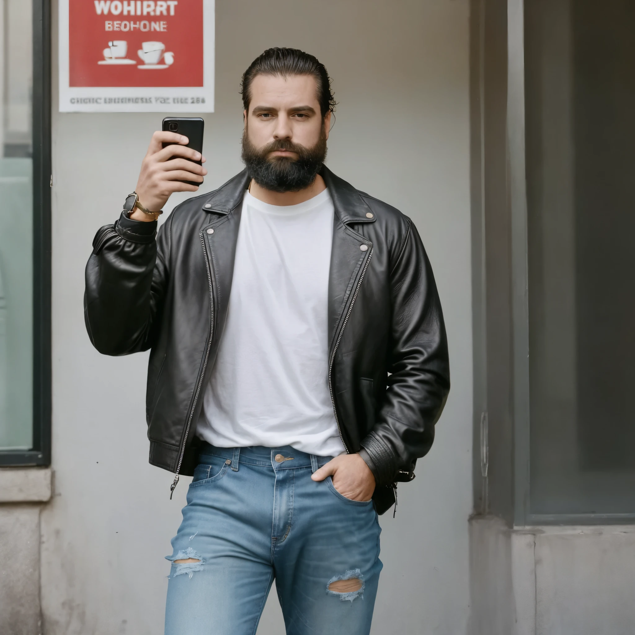 The white man, muscular, 3, with a defined beard, It is located in an urban environment from the year 2005, at a time when technology is transitioning to mobile phones with cameras and text messaging, But social media has not yet taken over everyday life.. Around it, The city has a mix of classical and modern buildings, with advertising posters printed on billboards and shop windows showing the trends of the time. People walk around with basic mobile phones in their hands, while others enjoy chats in cafes or check their emails on laptops in coffee shops.

Viste una chaqueta de cuero marrón sobre una camiseta blanca ajustada que resalta su físico muscular. She wears distressed straight jeans and white sneakers., A casual look that reflects the relaxed, masculine style of the mid-2000s. On your wrist, wear a classic watch with a leather strap, and in his right hand, He holds one of the most popular mobile phones of that time, even with numeric keypad, typical before the arrival of smartphones.

The camera captures it from a high angle, focusing on his torso and the top of his jeans. The soft afternoon light casts light shadows on her figure., highlighting his musculature and the texture of his leather jacket. He is a man from the year 2005, in an era where casual fashion and the first technological advances begin to intertwine, but still without fully mastering urban life.