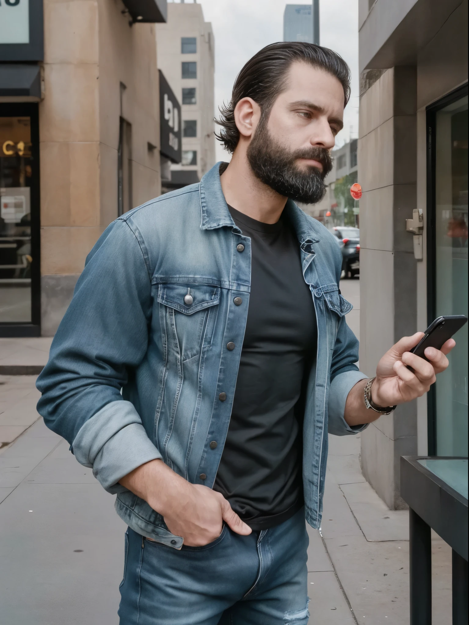 The white man, muscular, 3, with a defined beard, It is located in an urban environment from the year 2004, a time when mobile technology is still limited to basic phones with numeric keypads, and social media is just beginning to take shape. Around it, The streets of the city show a mix of modern and old buildings, While advertising is still dominated by traditional printed billboards and posters. People walk on the sidewalks, some talking on the phone, others texting, but the atmosphere is more relaxed, with cafes and shops filled with in-person interactions. He wears a dark blue denim jacket over a tight black T-shirt that highlights his athletic physique.. She wears ripped straight cut jeans and white sneakers., reflecting the casual style of the mid-2000s. A stainless steel watch adorns his wrist, while holding a folding mobile phone in his right hand, very typical of the time, with numeric keypad and small screen. The camera captures it from a high angle, focusing on his torso and the top of his jeans. Daylight casts soft shadows, highlighting the details of his denim jacket and his confident demeanor. He is a man from the year 2004, in an era where casual fashion and technology are beginning to evolve, but more traditional interactions in urban life still dominate.