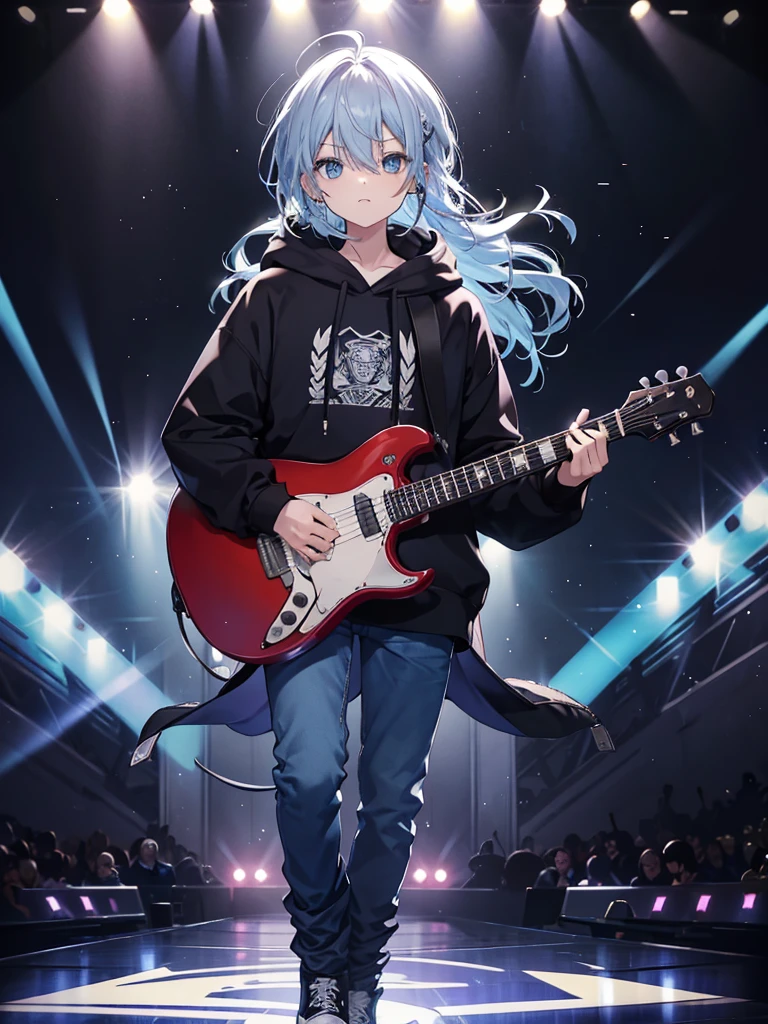 1 person，Full body portrait，front，male，Indigo Hair，My hair is a little messy，Light blue eyes，Surprised face，About high school students，Black hoodie，Piercing in left ear，Pause，jeans，singing，On stage