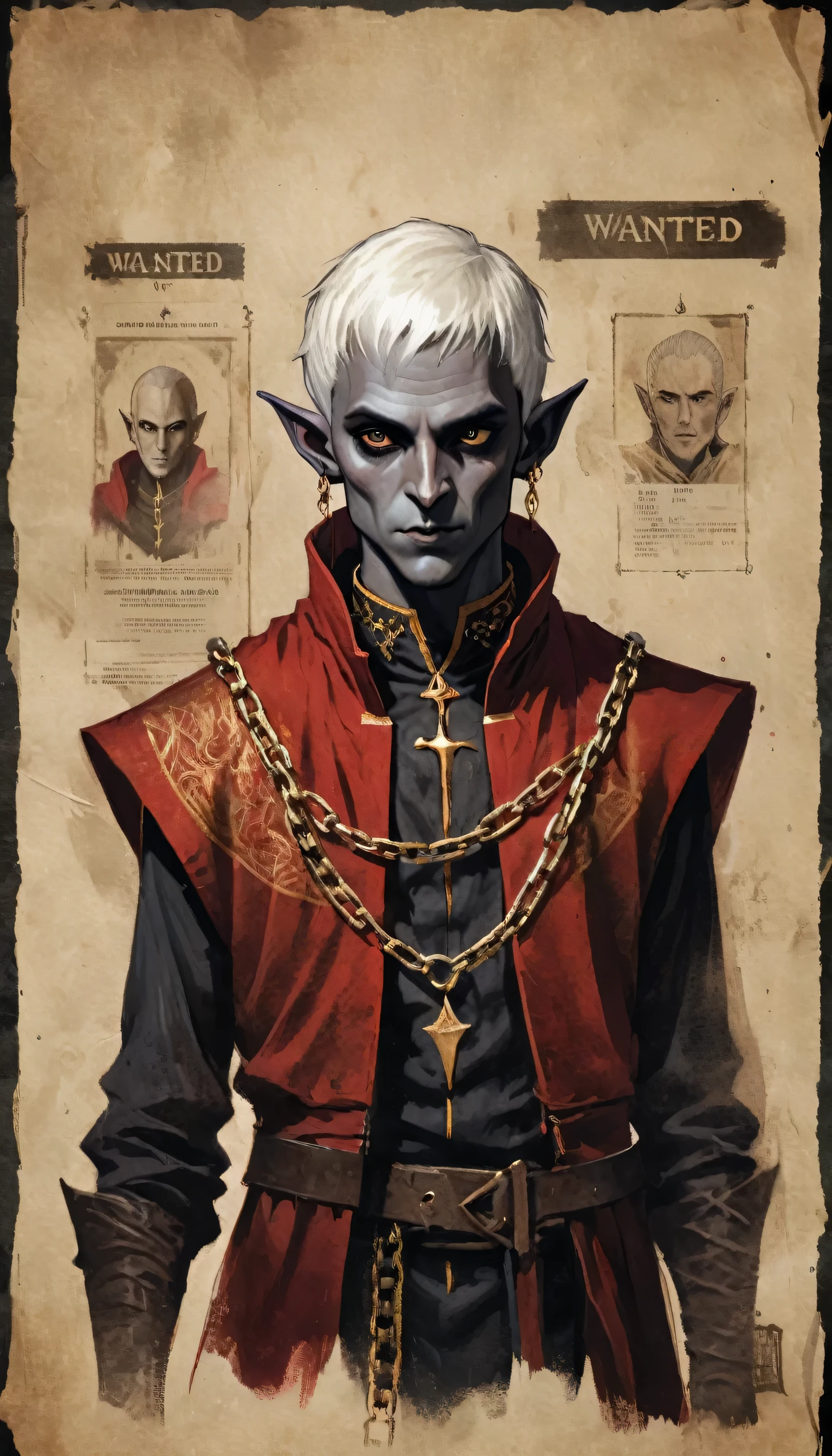 a dark elf, white short hair, wanted poster, simple sketch on parchment, dark ink art, detailed facial features, red priest vest with golden chains intricate clothing, dramatic lighting, gritty textures, muted color palette, moody atmosphere, high quality, cinematic, masterpiece