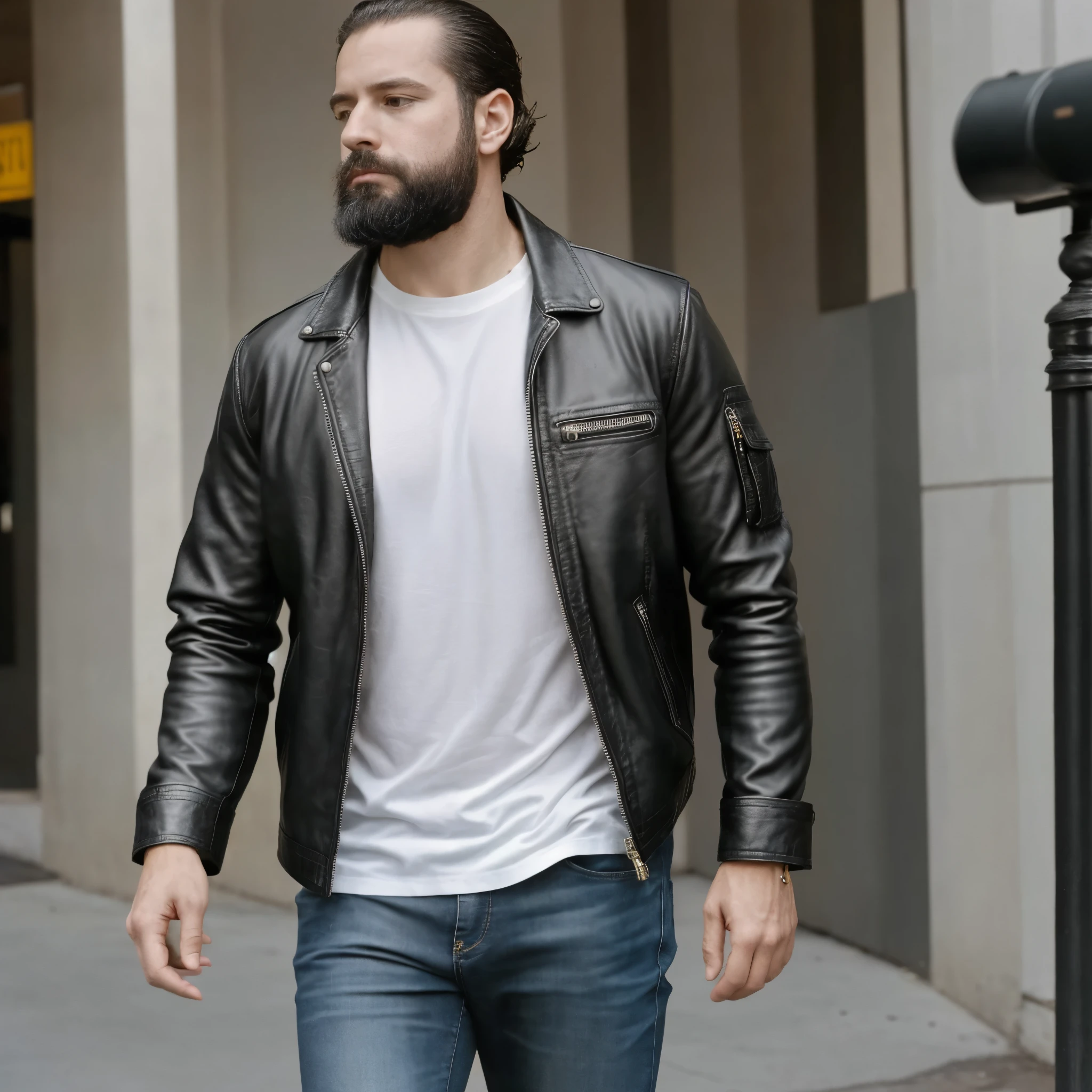 The white man, muscular, 3, with a defined beard, It is in an urban environment in the year 2011, an era in which mobile technology and social media are beginning to have a significant impact, but they still maintain a more recent and emerging character. Around it, The streets of the city are a mix of modernity and tradition, with classical buildings next to the first glass skyscrapers. People walk around with mobile phones, but the technology is not yet as integrated as in later years. Cafes and fashion stores have a more informal atmosphere, and outdoor advertising is still mainly on paper or static panels.
He wears a black leather jacket over a basic white t-shirt that fits his toned physique., giving it a casual and masculine style. She wears dark jeans and black boots., a look that reflects the urban trends of the time. On his wrist he wears a simple steel watch, while holding a mobile phone in one hand, one of the latest smartphone models in full swing at that time.
The camera captures it from a high angle, focusing on his torso and the top of his jeans. Sunlight casts soft shadows, highlighting his musculature and the texture of the leather jacket, giving him an appearance of confidence and control. He is a man of the year 2011, Living in a city where technology is beginning to gain prominence, But fashion and personal style still have a classic and timeless feel..