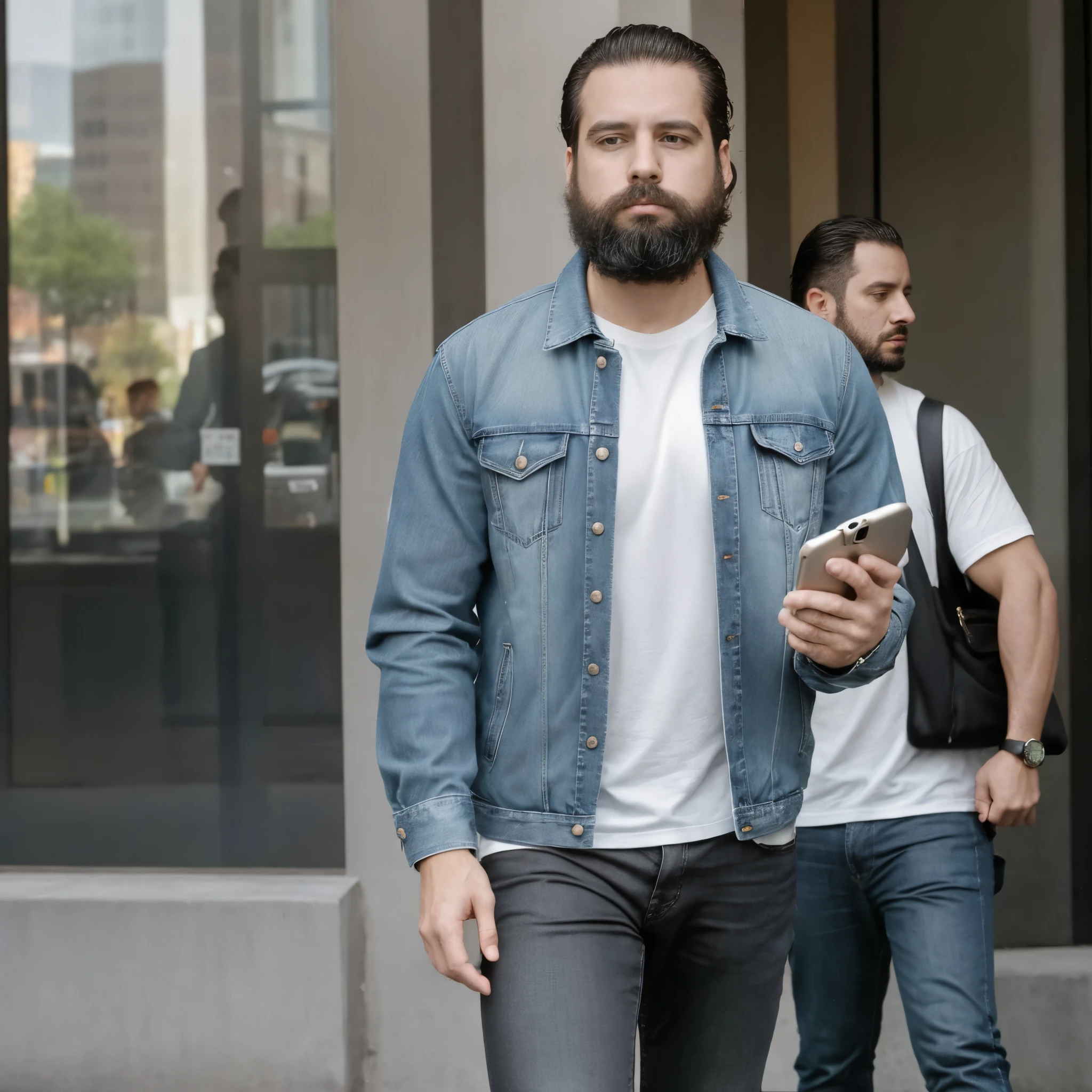 The white man, muscular, 3, with a defined beard, It is located in an urban environment in the year 2012, an era in which smartphones and social media are beginning to dominate digital culture. Around it, The city is a mix of modern and classical architecture, with glass skyscrapers and historic buildings in harmony. People walk around with their phones in their hands, while others enjoy their first tablets in outdoor cafes. Billboards are still mostly static, Although the first digital screens are already beginning to appear in commercial areas.

Wear a simple but elegant outfit: A fitted dark grey t-shirt that highlights his defined physique, accompanied by a worn blue denim jacket. She wears dark jeans and white sneakers., Combining style and comfort. On his wrist he wears a stainless steel watch, and in his hand he holds a smartphone of the time, a symbol of growing digital connection.

The camera captures it from a high angle, focusing on her torso and the top of her tight pants. Natural daylight casts soft shadows on her body, highlighting his musculature and the casual but modern touch of his clothes. He is a man of the year 2012, adapted to a world in which technology is beginning to shape everyday life, But classic style is still important in urban fashion..