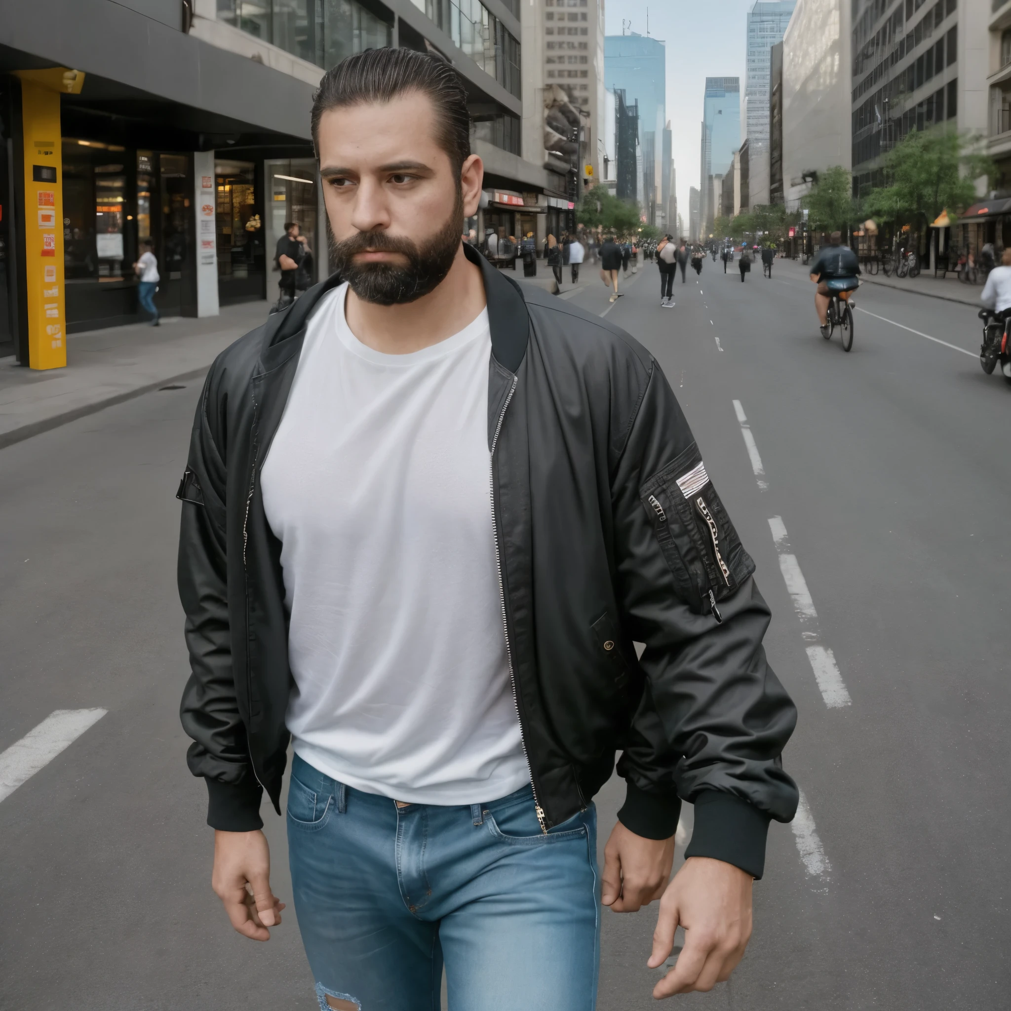 The white man, muscular, 3, with a defined beard, It is located in an urban environment in the year 2017, in a city full of life and marked by technology and pop culture. Around it, The streets are full of pedestrians heading to work., students with backpacks, and tourists exploring shops and cafes. Glass skyscrapers rise into the sky, and digital signs announce the latest technological and fashion news. Shared bikes and hybrid taxis are part of the urban landscape, while music and traffic sounds create a dynamic and energetic atmosphere.

She wears a black bomber jacket over a basic white t-shirt., that highlights his imposing physique in a casual way. She wears dark distressed jeans and white sneakers., completing a relaxed and modern look. A smartwatch on your wrist keeps you connected, while in one hand he holds a smartphone, checking messages, and in the other, wear wireless headphones, ready to use.

The camera captures it from a high angle, focusing on his torso and the top of his jeans. The light of day, filtered between the buildings, casts faint shadows on his figure, highlighting his musculature and the freshness of his casual style. He is a man of the year 2017, Immersed in a vibrant and connected urban environment, where relaxed fashion and technology are an integral part of everyday life.