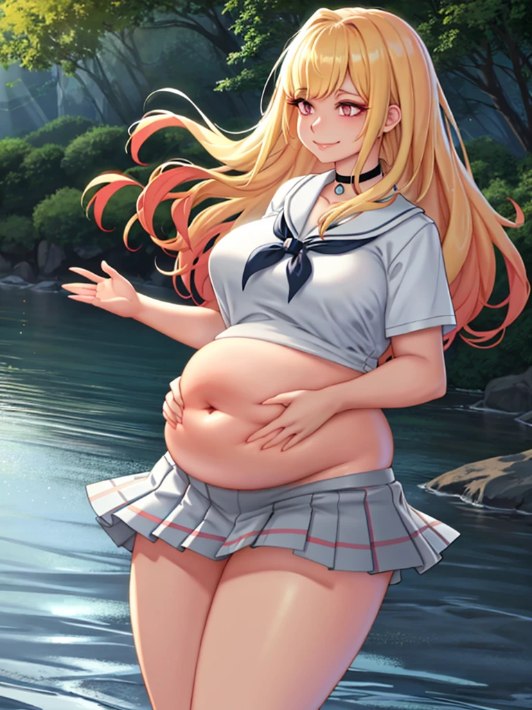 art by kipteitei, marin kiagawa, long hair, bangs, blonde hair, multicolored hair, skirt, shirt, jewelry, school uniform, white shirt, pleated skirt, choker, blue skirt, plaid, black choker, perfect lighting, extremely detailed CG, (perfect hands, perfect anatomy), midriff, chubby body, pot belly, intimate, looking to the right, gentle smiling face, in nature, cartoon, hands behind body, no extra details, no extra fingers, 1girl, 25-years-old