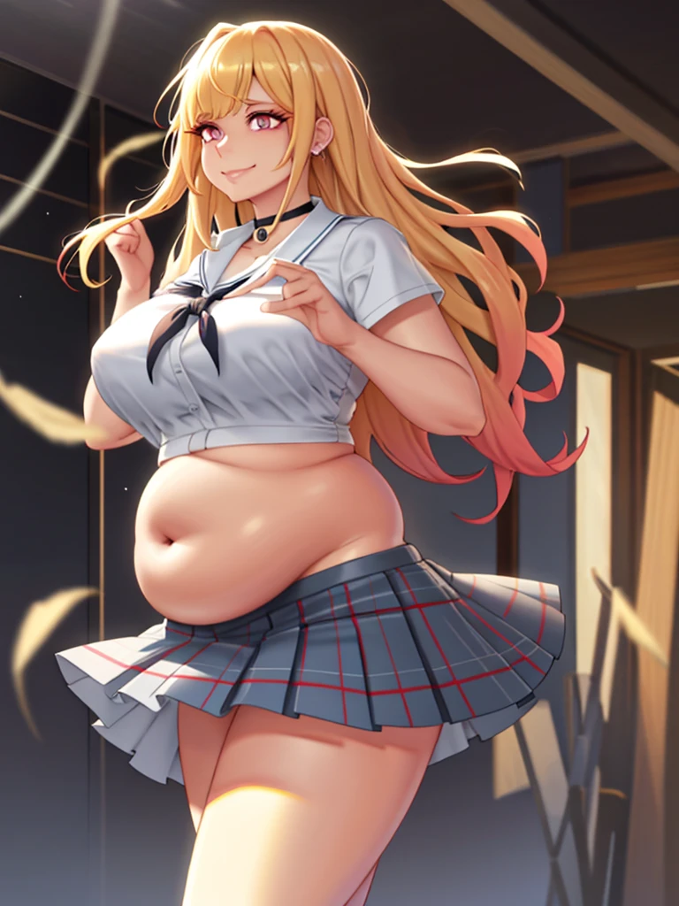 art by kipteitei, marin kiagawa, long hair, bangs, blonde hair, multicolored hair, skirt, shirt, jewelry, school uniform, white shirt, pleated skirt, choker, blue skirt, plaid, black choker, perfect lighting, extremely detailed CG, (perfect hands, perfect anatomy), midriff, chubby body, pot belly, intimate, looking to the right, gentle smiling face, in nature, cartoon, hands behind body, no extra details, no extra fingers, 1girl, 25-years-old