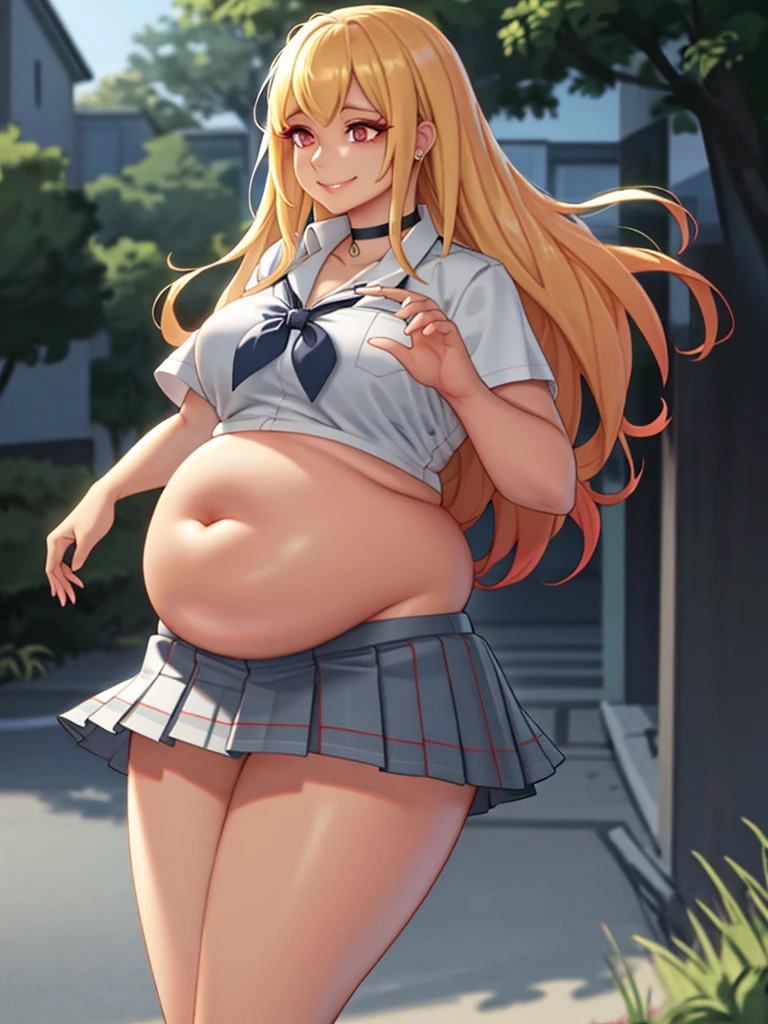 art by kipteitei, marin kiagawa, long hair, bangs, blonde hair, multicolored hair, skirt, shirt, jewelry, school uniform, white shirt, pleated skirt, choker, blue skirt, plaid, black choker, perfect lighting, extremely detailed CG, (perfect hands, perfect anatomy), midriff, chubby body, pot belly, intimate, looking to the right, gentle smiling face, in nature, cartoon, hands behind body, no extra details, no extra fingers, 1girl, 25-years-old