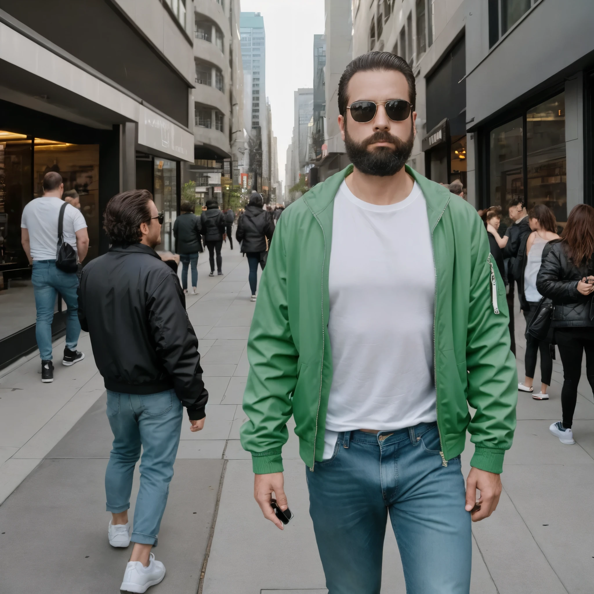 The white man, muscular, 3, with a defined beard, It is in an urban environment in the year 2021, a period marked by adaptation and return to everyday life after recent challenges. Around it, The city reflects a contemporary style, with modern buildings next to shops that are reopening and people enjoying public spaces. Hybrid vehicles and electric bicycles are moving through the streets, while the sidewalks are filled with people wearing masks or removing them to socialize. The terraces of the cafes are full, and urban life feels in a moment of transition and resilience.

He wears a casual outfit with a dark green bomber jacket and a white t-shirt that fits his physique., accompanied by tight jeans and sneakers. On his wrist he wears a smart watch, synchronized with your mobile phone, which he holds in his right hand while checking messages. Sunglasses hang from his jacket., completing her relaxed and modern look.

The camera captures it from a high angle, focusing on his torso and the top of his pants. The soft light of day illuminates her face and clothes., casting light shadows that highlight his musculature and the comfortable yet elegant style he wears. He is a man of the year 2021, adapted to a changing world, Moving confidently between the new and the familiar in a city that is regaining its vitality.