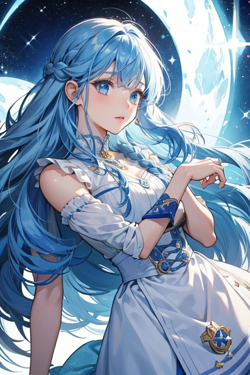 Jessa Jellyfish wears a colorful outfit: the blue and white bodice has a jellyfish-inspired motif; a removable satiny skirt has a whimsical shell print, bubble silhouette and “tentacle” tulle pieces. Matching traits with her jellyfish bestie include her coloring, jellyfish facial features and tentacle wrist fin details. SPARKLE; GLITTER