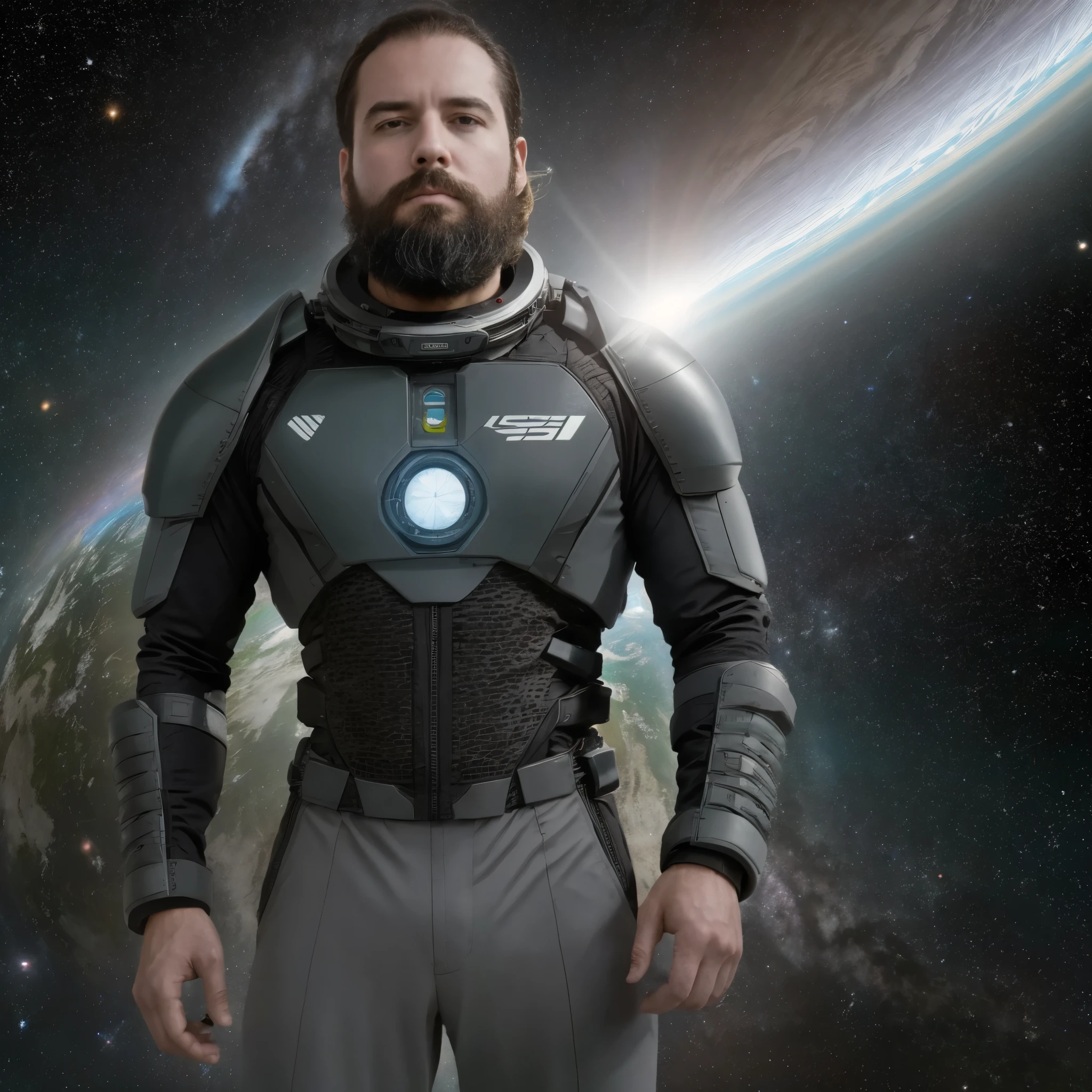 The white man, muscular, 3, with a defined beard, It is set in a futuristic environment of the year 2050, in a megacity that spans both Earth and nearby orbits. Around it, Huge floating structures are observed that connect the terrestrial city with space stations through gravitational bridges and space elevators that cross the atmosphere.. The sky is a spectacle of flying vehicles and spaceships entering and leaving the planet., while transparent skyscrapers on Earth seem to merge with the horizon, powered by clean energy from nuclear and solar fusion.

He wears an ultra-modern suit in dark grey and silver tones., Made with nanomaterials that fit your body precisely, highlighting his musculature. This suit, connected to the global quantum network, regulates its temperature and physical state while adapting to gravitational fluctuations between Earth and space. He wears a holographic device on his wrist that projects three-dimensional graphics of planetary orbits and their surroundings.. A small personal drone follows him, assisting in communication and navigation between the different layers of the terrestrial and space city.

The camera captures it in close-up from a high angle, focusing on her torso and the top of her tight pants. The lights from vehicles and space stations cast metallic reflections on his suit., creating a play of shadows that accentuates her physique and her connection to the high-tech environment. He is a man from the year 2050, living in an interplanetary civilization, where humanity has transcended the limits of the Earth and moves fluidly between the planet and space.