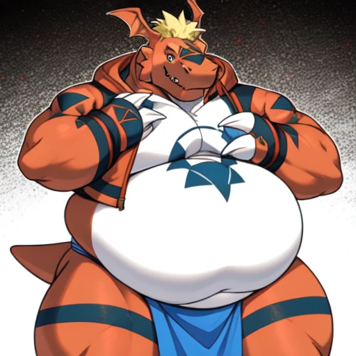 Pokemon LowkeyToxtricity, wink, blue belly, blue abdomen bashful, cute, super massive belly, blue belly, on a concert stage, blue abdomen, blue chest, 、The body is buried due to fat、The stomach is triangular、、Extreme obesity、very thick fat、my stomach touches the ground、Stomach like a giant balance ball、Saggy belly、very very small face、head smaller than neck、Thick and short thighs、huge torso