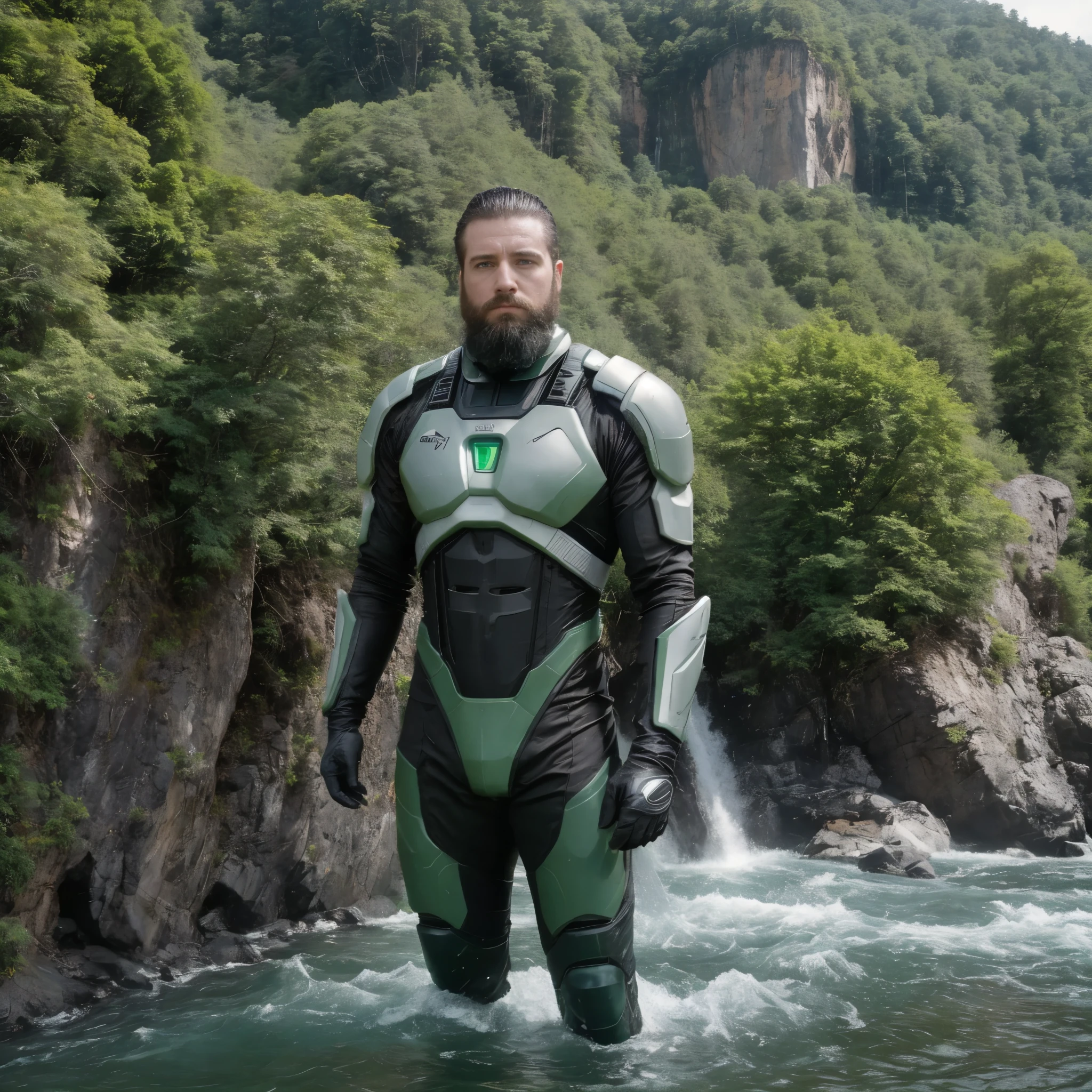The white man, muscular, 3, with a defined beard, It is set in a futuristic environment in the year 2046, on an Earth regenerated by advanced terraforming technologies. It is in a city located on top of a mountain, surrounded by vast forests that have flourished again thanks to advanced climate science. The buildings, built with living materials that absorb carbon, They seem to be part of the landscape, with artificial waterfalls flowing between them, providing hydroelectric power. Drones and autonomous vehicles fly silently, while people interact with nature and technology in a harmonious way.
He wears a biotech suit in shades of emerald green and dark grey., Made from sustainable materials that self-regulate according to the climate. This suit, adjusted to your physique, It is designed to absorb energy from natural elements such as the sun., Wind and water. Its connection with the city's ecological network is total., monitoring both their health and the environment through sensors integrated into the suit. A holographic bracelet projects graphics on climate and ecosystem regeneration, while an assistant drone hovers nearby, ready to offer support in your tasks.
The camera captures it from a high angle, focusing on his torso and the top of his futuristic cut pants. Natural light filtering through the leaves and organic structures casts soft shadows on its body., accentuating his musculature and the technology integrated into his clothing. He is a man from the year 2046, In a world where humanity has learned to coexist with nature through advanced technology, creating a future of balance and regeneration.