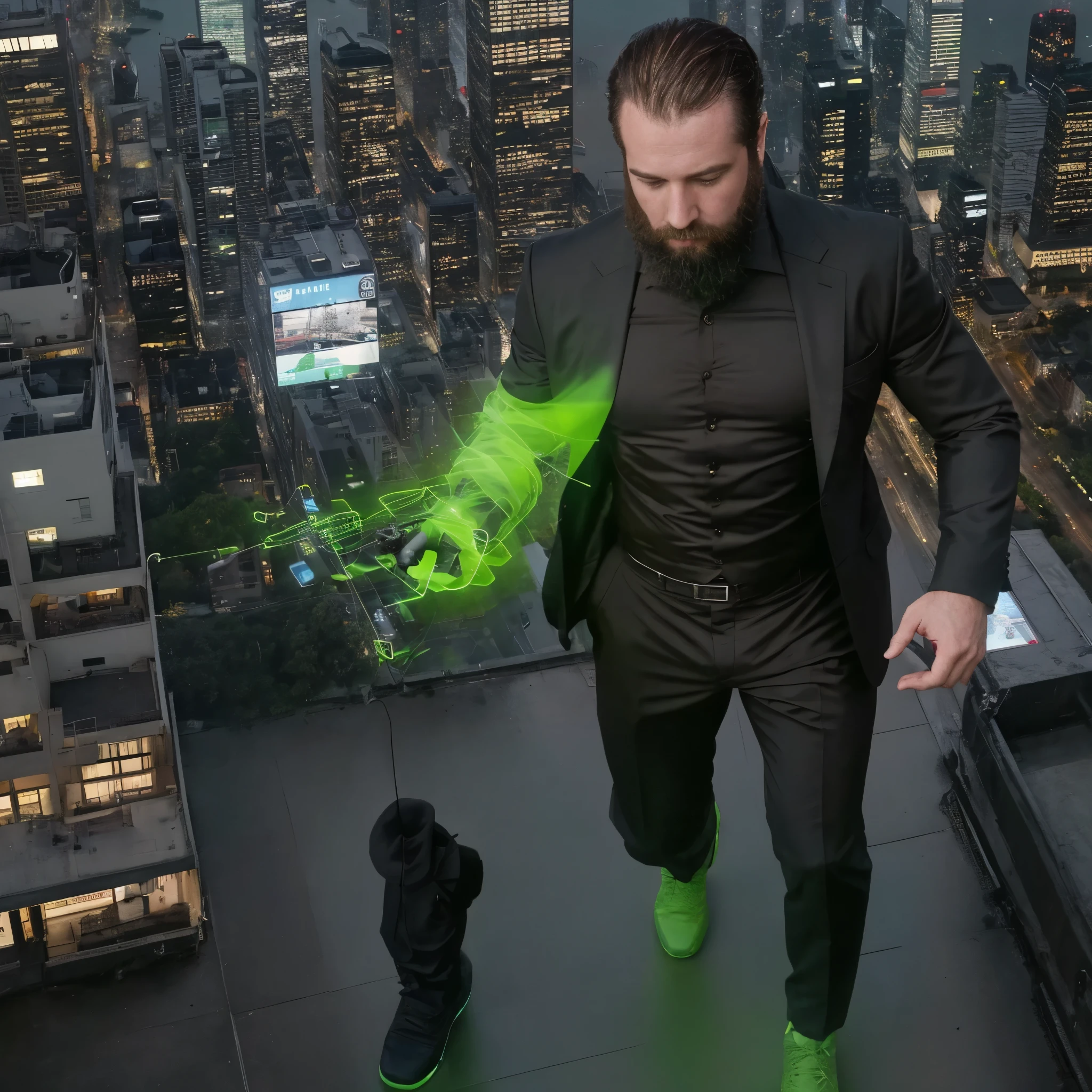 The white man, muscular, 3, with a defined beard, It's in the year 2038, in an environment where physical and digital reality have reached a total fusion. It is in a completely sustainable city controlled by advanced artificial intelligence. The structures are built with organic and self-repairing materials., while the air infrastructure is populated by autonomous flying vehicles and green drones. Clean energy, generated by fusion and renewable sources, feeds the entire urban ecosystem, where people and technology coexist in perfect harmony.
He wears a matte black suit with bright green details., Made from biomimetic materials that adapt to your environment and your body. The fabric is designed to capture energy from the environment and adjust to weather conditions., In addition to connecting to the global digital network through implanted sensors. He wears a holographic device on his wrist that projects a digital interface into the air., displaying real-time data about the city and the weather. A small floating drone accompanies him, acting as your personal assistant.
The camera captures it from a high angle, showing her torso and the top of her tight pants, with the suit highlighting every muscle under the soft light of the smart streets. The shadows and reflections of the futuristic city cast an elegant glow over her figure., highlighting its connection to advanced technology. He is a man from 2038, Living in an era where biotechnology and artificial intelligence have been invisibly integrated into every aspect of daily life.