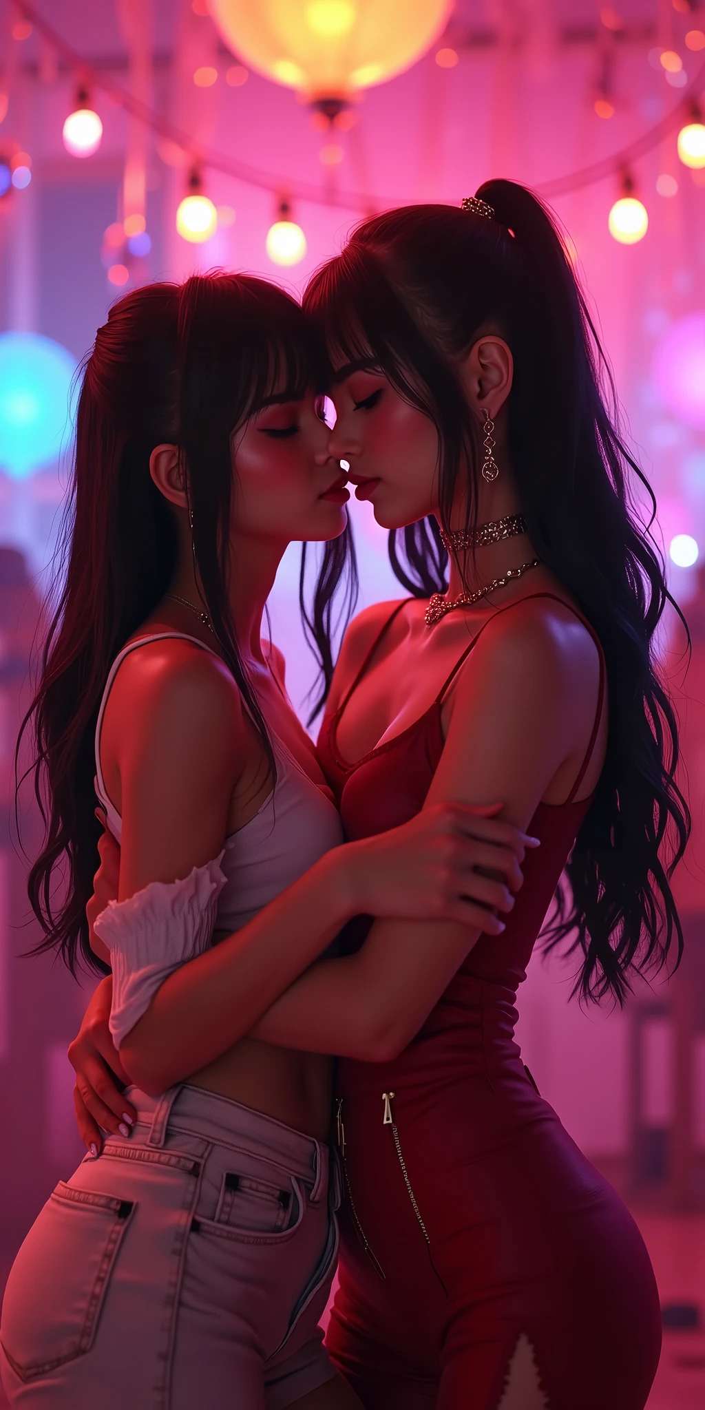 A beautiful korean supermodel 2 คน ,wet , from Front กอดกัน, Curved, Wide hips, thick thighs, Oil painting, by sargent,full body shot, movie lighting, glow, neon,