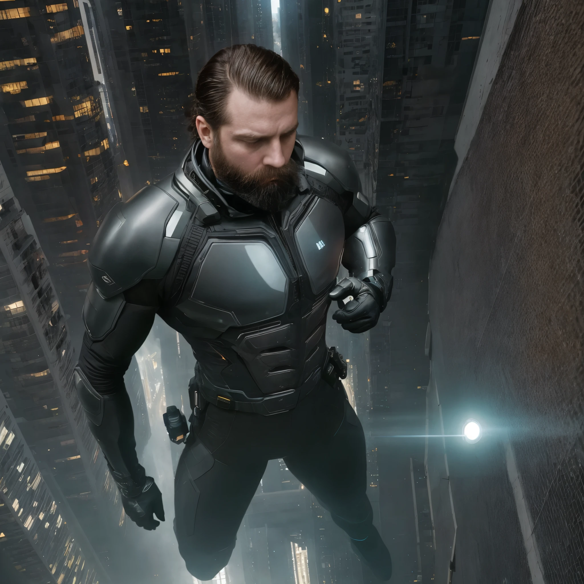 The white man, muscular, 3, with a defined beard, It is set in a futuristic environment of the year 2035, where technology has reached a level of invisible integration with daily life. He is standing on a floating city, with platforms suspended in the air by magnetic energy, connected by bridges of light. The buildings, Constructed of translucent and self-adjusting materials, They seem to change shape to the rhythm of urban activity. Around it, Life flows with a futuristic naturalness: silent flying vehicles, Holograms showing changing landscapes and people interacting with virtual interfaces without visible devices.

He wears a minimalist high-tech suit in matte black with metallic highlights., that fits your body with anatomical precision. The suit is made of a self-regenerating fabric that monitors your vital signs, adapts its temperature and communicates with the city&#39;s technological infrastructure. On his wrist he wears a holographic device that projects data directly into his visual environment., while a subcutaneous implant allows you to access the global digital network without the need for physical interfaces.

The camera captures it in close-up from a high angle, focusing on her torso and the top of her tight pants. The soft, ethereal light of the floating city reflects off her suit., creating a play of shadows that accentuates his muscles and his imposing bearing. He is a man from 2035, immersed in a world where technology is fluid and imperceptible, and urban life has reached an elegant balance between the physical and the digital.