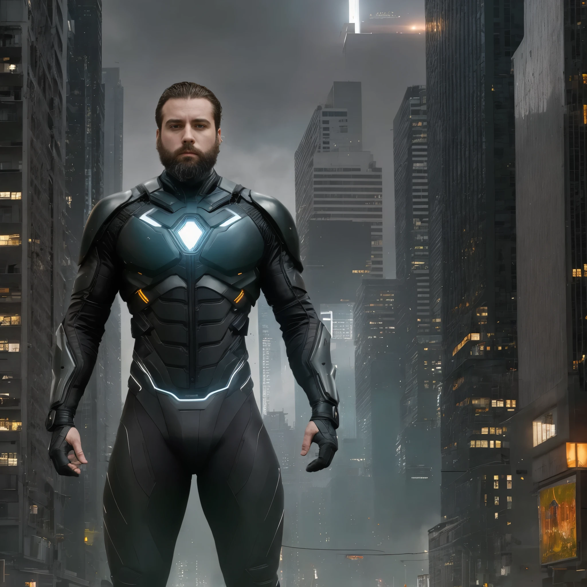 The white man, muscular, 3, with a defined beard, It is set in a futuristic environment of the year 2035, where technology has reached a level of invisible integration with daily life. He is standing on a floating city, with platforms suspended in the air by magnetic energy, connected by bridges of light. The buildings, Constructed of translucent and self-adjusting materials, They seem to change shape to the rhythm of urban activity. Around it, Life flows with a futuristic naturalness: silent flying vehicles, Holograms showing changing landscapes and people interacting with virtual interfaces without visible devices.

He wears a minimalist high-tech suit in matte black with metallic highlights., that fits your body with anatomical precision. The suit is made of a self-regenerating fabric that monitors your vital signs, adapts its temperature and communicates with the city&#39;s technological infrastructure. On his wrist he wears a holographic device that projects data directly into his visual environment., while a subcutaneous implant allows you to access the global digital network without the need for physical interfaces.

The camera captures it in close-up from a high angle, focusing on her torso and the top of her tight pants. The soft, ethereal light of the floating city reflects off her suit., creating a play of shadows that accentuates his muscles and his imposing bearing. He is a man from 2035, immersed in a world where technology is fluid and imperceptible, and urban life has reached an elegant balance between the physical and the digital.