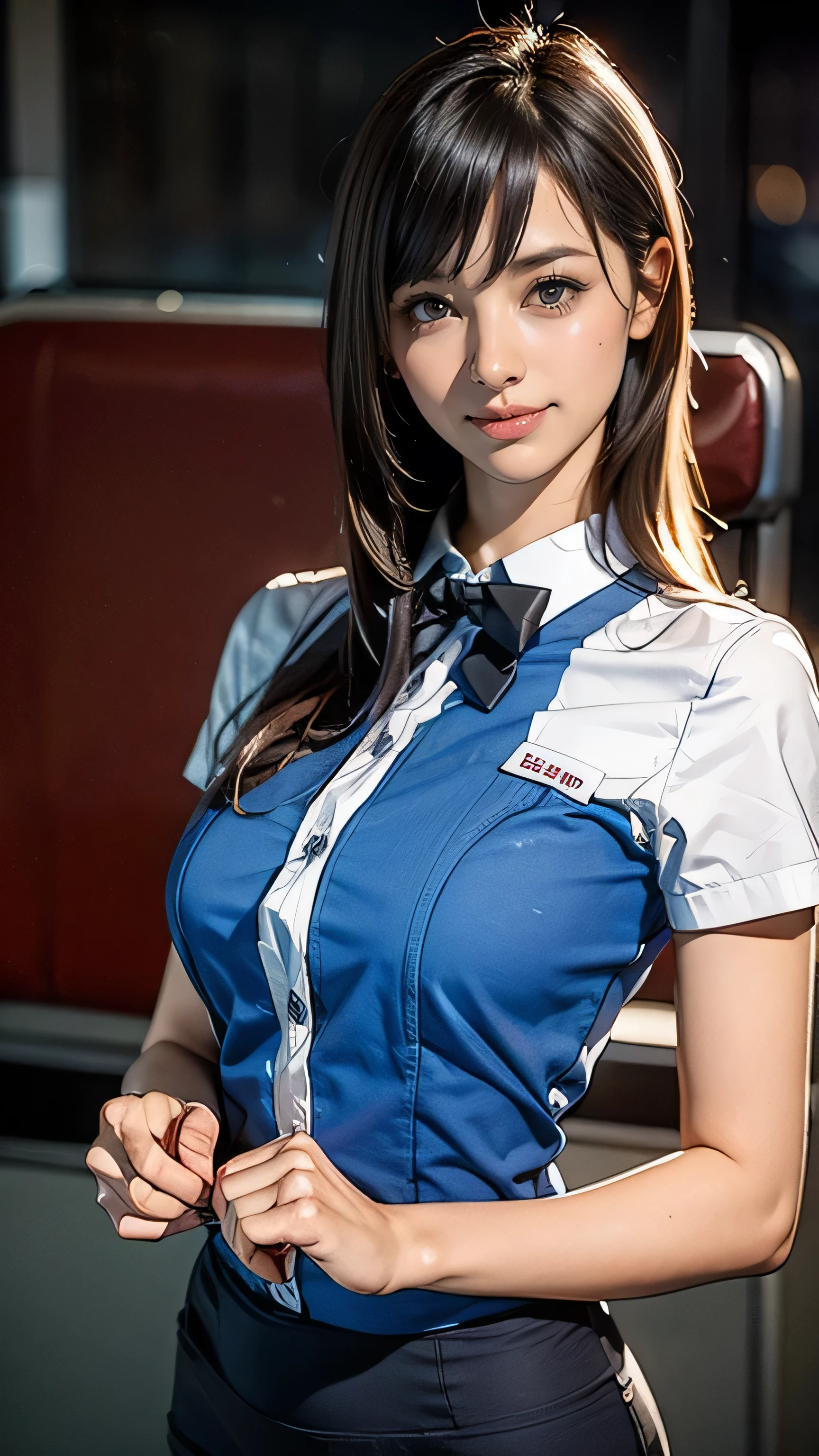 (One Woman),(Japanese),(Long Hair),(4),(whole body:1.5),(front:1.5),(Tight-fitting flight attendant uniforms:1.5),(smile:1.5),(Beautiful Eyes:1.3),(Very detailedな顔:1.5),((Very detailed drawing of a female hand:1.5)),((Beautiful Skin:1,5)),(Delicate skin depiction:1.5),(functional:1.2),(Big Breasts:1.2),BREAK((On the plane:1.1)),(((Blur the background:1.5))),(Written boundary depth:1.5),BREAK(((masterpiece:1.5),(Highest quality:1.5),(Very detailed:1.5),(High resolution:1.5),(Realistic:1.5),(Realistic:1.5))),8k,wallpaper