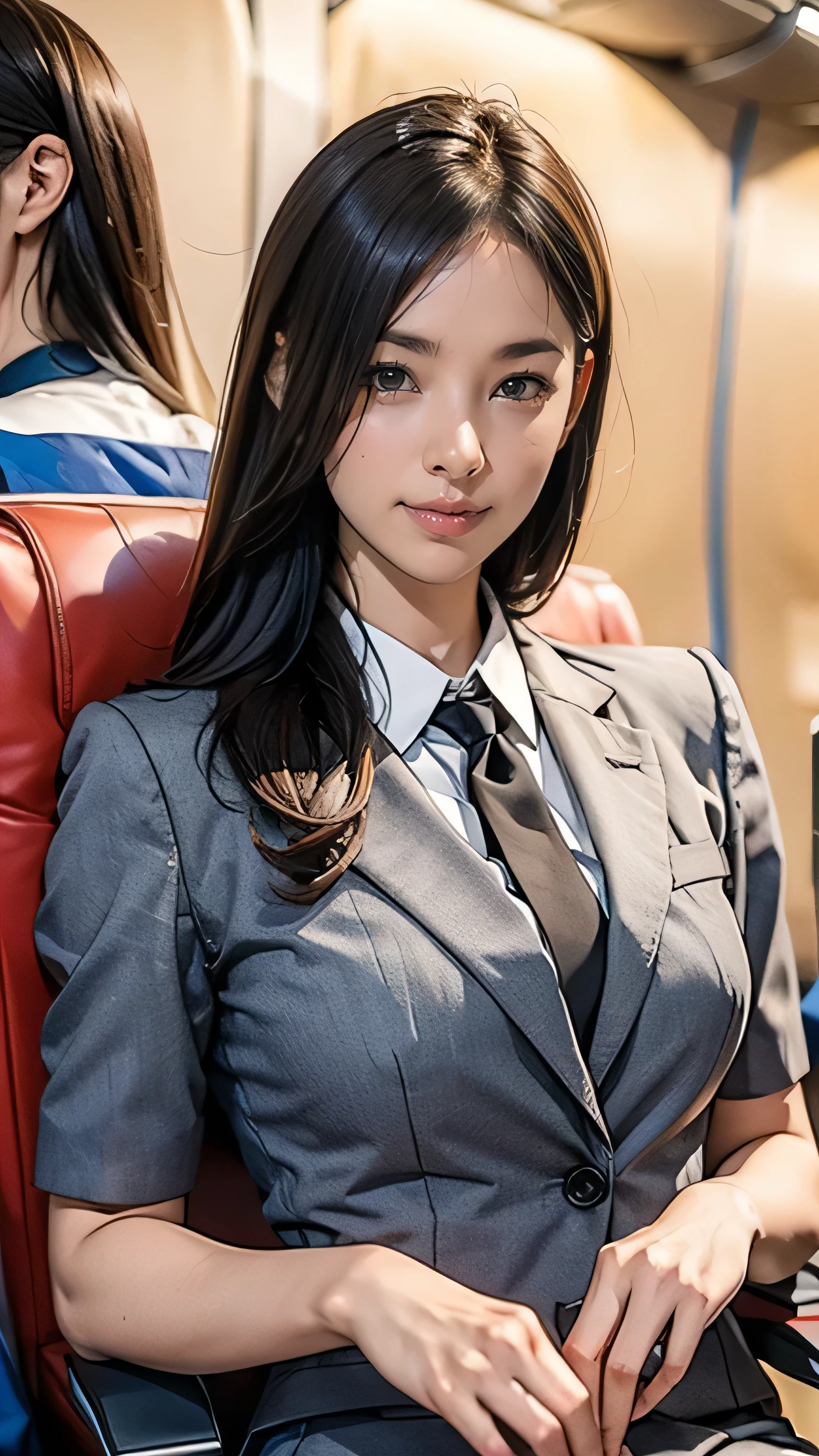 (One Woman),(Japanese),(Long Hair),(4),(whole body:1.5),(front:1.5),(Tight-fitting flight attendant uniforms:1.5),(smile:1.5),(Beautiful Eyes:1.3),(Very detailedな顔:1.5),((Very detailed drawing of a female hand:1.5)),((Beautiful Skin:1,5)),(Delicate skin depiction:1.5),(functional:1.2),(Big Breasts:1.2),BREAK((On the plane:1.1)),(((Blur the background:1.5))),(Written boundary depth:1.5),BREAK(((masterpiece:1.5),(Highest quality:1.5),(Very detailed:1.5),(High resolution:1.5),(Realistic:1.5),(Realistic:1.5))),8k,wallpaper