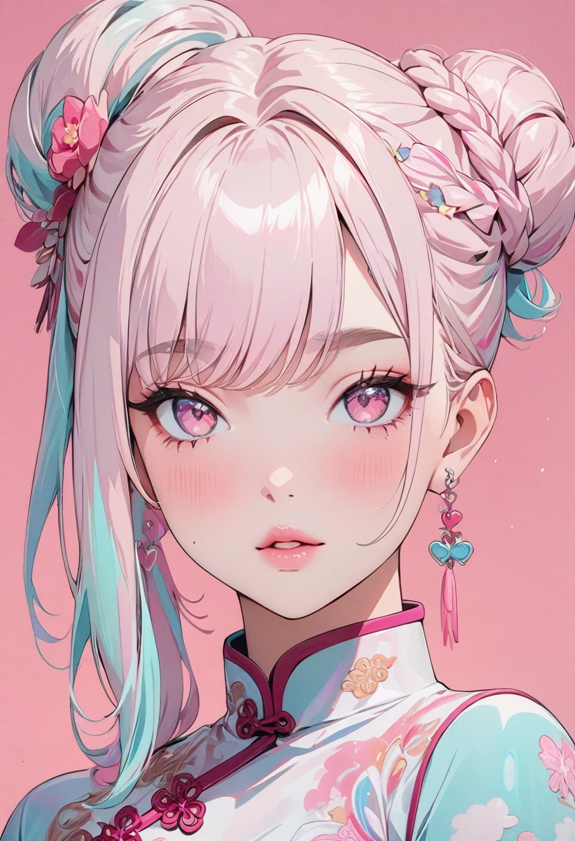 (masterpiece, Highest quality:1.4), 1 girl, alone, Anime Style, colorful students, Blurred vision, Pink lower lip, pastel colour, Silver one bun hairstyle, Long bangs on one side, Braid, Color Highlights, China dress, flower, Portraiture, Pink eyes, Cute Face. Lips in Love, Stylish design, Pure pink background.