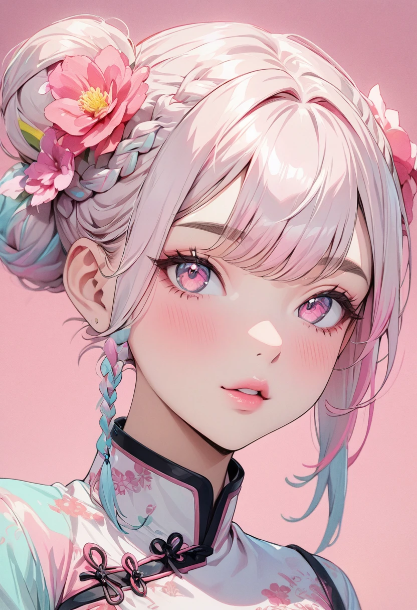 (masterpiece, Highest quality:1.4), 1 girl, alone, Anime Style, colorful students, Blurred vision, Pink lower lip, pastel colour, Silver one bun hairstyle, Long bangs on one side, Braid, Color Highlights, China dress, flower, Portraiture, Pink eyes, Cute Face. Lips in Love, Stylish design, Pure pink background.