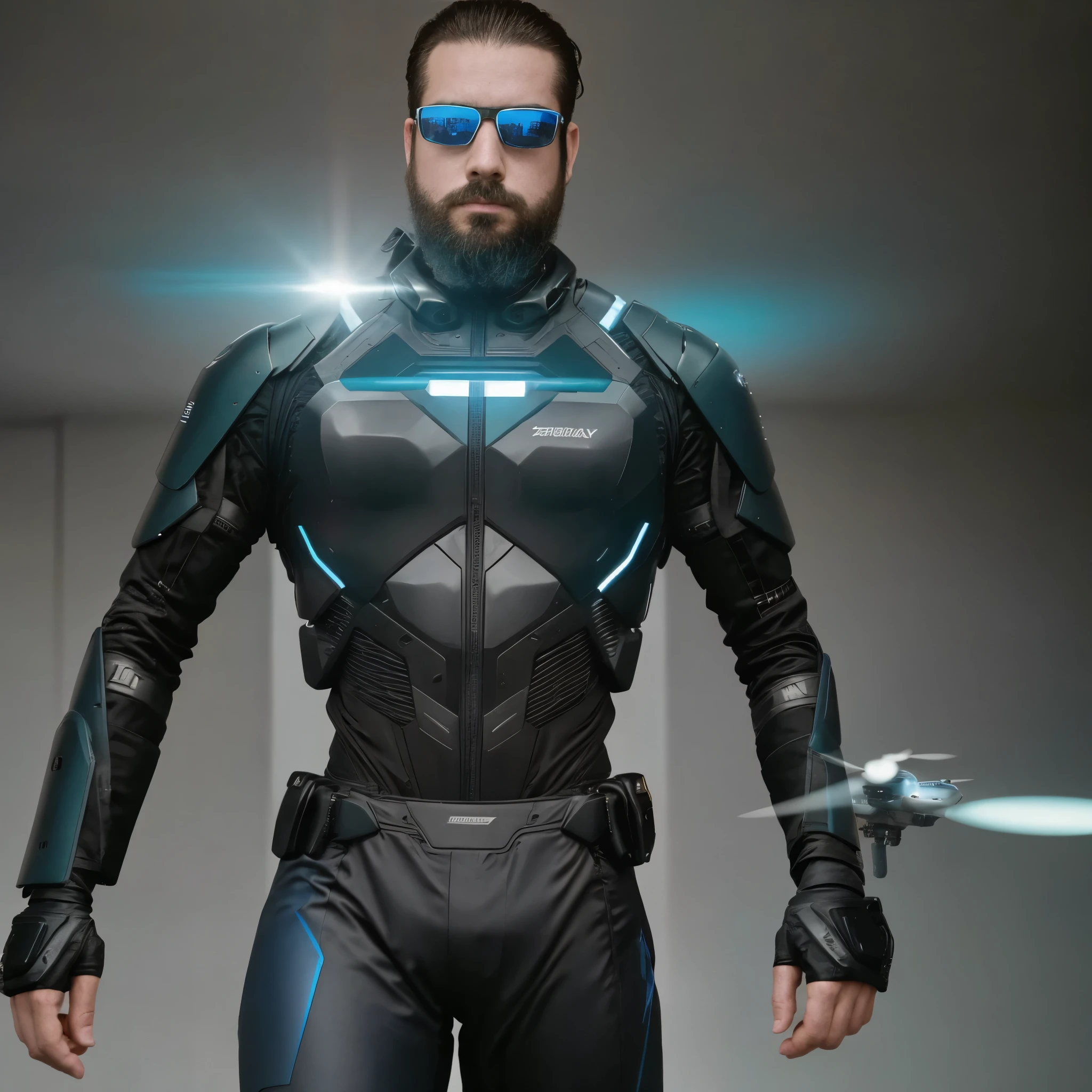 The white man, muscular, 3, with a defined beard, It is located in an environment of the year 2032, where mixed reality has reached new heights. He is standing on a floating platform in a futuristic city, where physical and holographic buildings seamlessly intertwine. The sky is full of floating structures that seem suspended in the air thanks to antigravity energy, and the streets are full of people connected to virtual environments, Walking alongside drones and robot assistants. Digital landscapes change at the pace of people's interaction, Combining virtual nature with technology.
He wears a cybernetic suit in shades of grey and metallic blue., Composed of an intelligent fabric that responds to your movements and changes its texture depending on the weather conditions. Costume, adjusted to his imposing physique, It is equipped with integrated holographic technology that allows you to access real-time information directly in your visual environment.. In his hand he carries a small device that projects a holographic screen, while a personal drone hovers nearby, connected to the city grid.
The camera captures it from a high angle in close-up, focusing on his torso and the top of his ergonomic pants. Holographic lights and digital shadows are reflected on his suit, creating a contrast that accentuates his powerful figure and the futuristic atmosphere. He is a man from 2032, immersed in a world where physical and digital reality are completely merged, Living in an era of interactive technology and expanded reality.