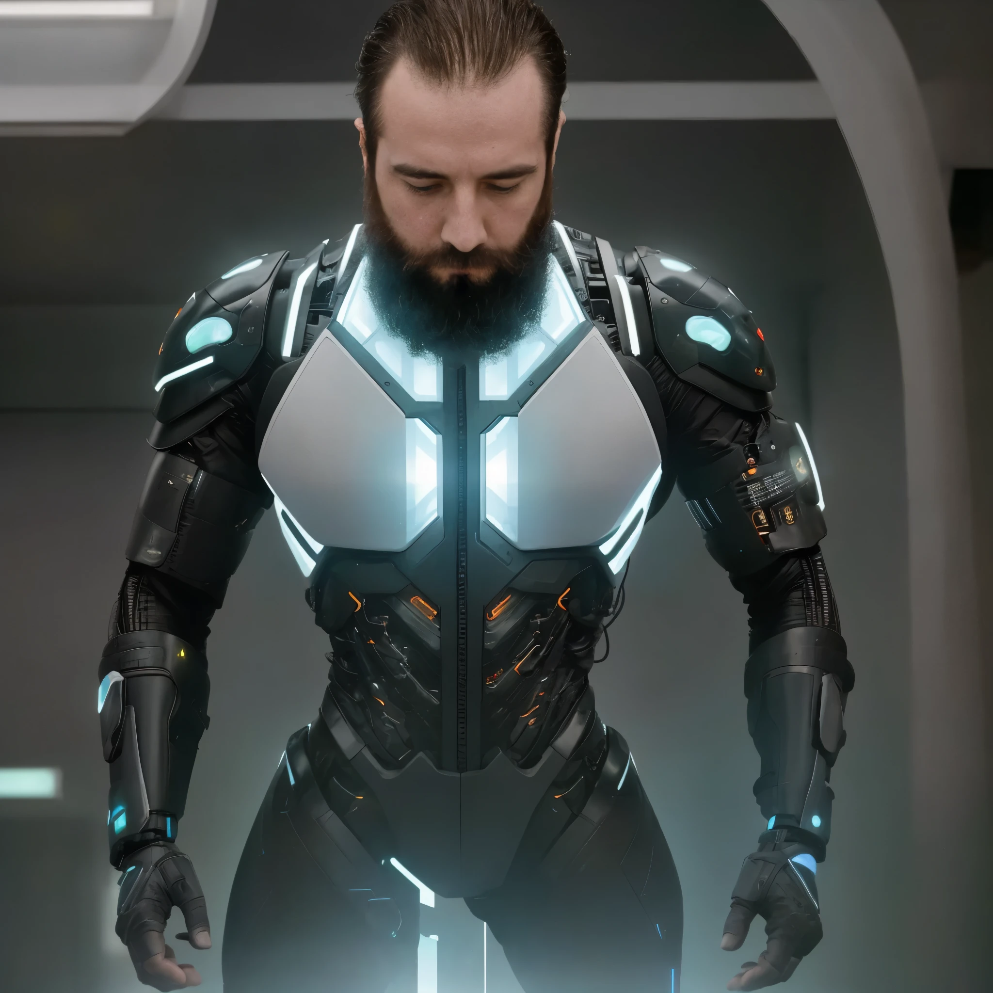 The white man, muscular, 3, with a defined beard, It is set in a futuristic setting in the year 2031, where artificial intelligence and biotechnology have redefined everyday life. Around it, A fully automated city spreads out with transparent glass skyscrapers and floating structures connected by energy walkways. Personal flying vehicles move autonomously, while residents interact with artificial intelligence systems that respond to their needs instantly. Holographic screens project virtual landscapes that intertwine with reality, creating a fluid and dynamic environment.

He wears a black biotech suit with silver details., that fits your muscular body precisely. This suit is designed with a fabric that responds to your biological signals, monitoring your health and adjusting your comfort. On your wrist, An advanced device projects augmented reality data, while a visible implant in his temple connects his mind to the global network of artificial intelligence, allowing you to interact with your environment through simple thoughts. 

The camera captures it in close-up from a high angle, focusing on his torso and the top of his ergonomically designed futuristic pants. The lights of the automated city shine on his suit, creating a play of shadows that accentuates his physique and the technological environment around him. He is a man from 2031, fully integrated into a world where biological technology and artificial intelligence have transformed the human experience into a fully interconnected digital and physical ecosystem.