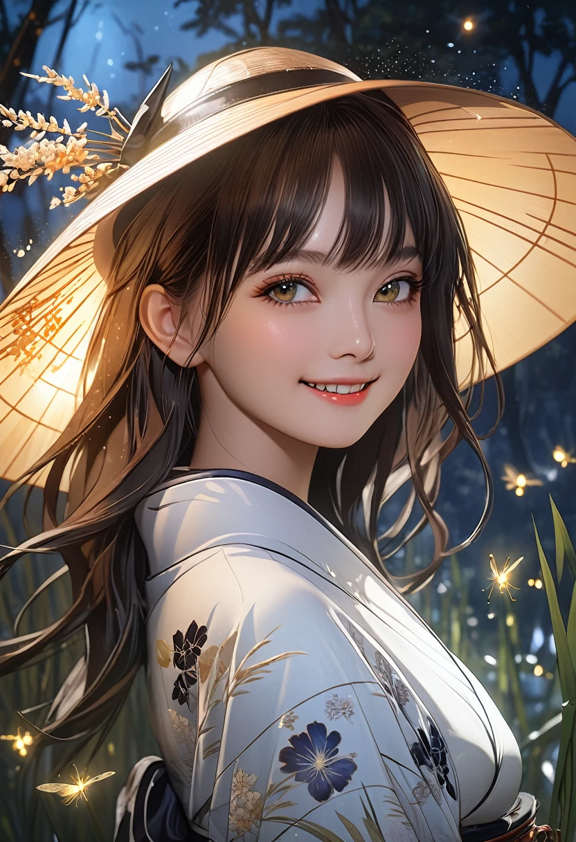 (((masterpiece))),((Highest quality)),beautiful girl, An_reeds, Sexy witch, bangs、Translucent white skin, Shining Sweat, Japanese、 Beautiful digital art, Beautiful fantasy art, Dynamic pose, A kind smile, Mysterious Background, aura, A gentle gaze, break, Small faint lights and flying fireflies, night, lanthanum,