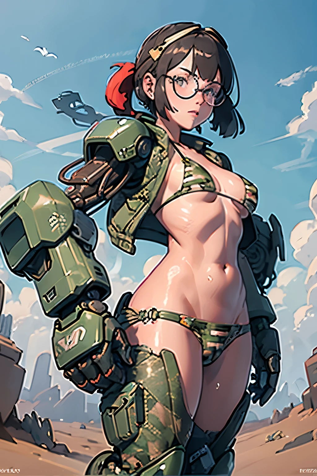 Beautiful woman in a slingshot bikini with camo patterns, mechanical bikini with camo patterns, tattered military gear, mechanized soldier girl, oversized mechanical exoskeleton oversized robotic gauntlet arms and robotic boots legs with camo patterns, inspired by Masamune Shirow, girl in mecha armor with camo patterns, mechanized valkyrie girl, cushart kenz, cool mecha style, bikini-armor with camo patterns, infantry girl, Bare Skin, Athletic Well Toned Body, sweaty skin, Barely Clothed, cammo patterns, Beautiful Face, dieselpunk Theme, Fiverr Dnd Character, Octane Render, Digital Art, Extreme Detail, 4k, Ultra Hd, Polished, Beautiful, Hyperdetailed, Intricate, Elaborate, Meticulous, Photorealistic, Sharp Focus, Wlop, Character Design, Unreal Engine, 3d Rendered, Volumetric Lighting, Reflections, Glossy, Digital Illustration, Pose, Suggestive Pose, Lewd, Full Body Shot, naked, vissible nipples, puffy vagina, anatomically correct 💖❤💕💋