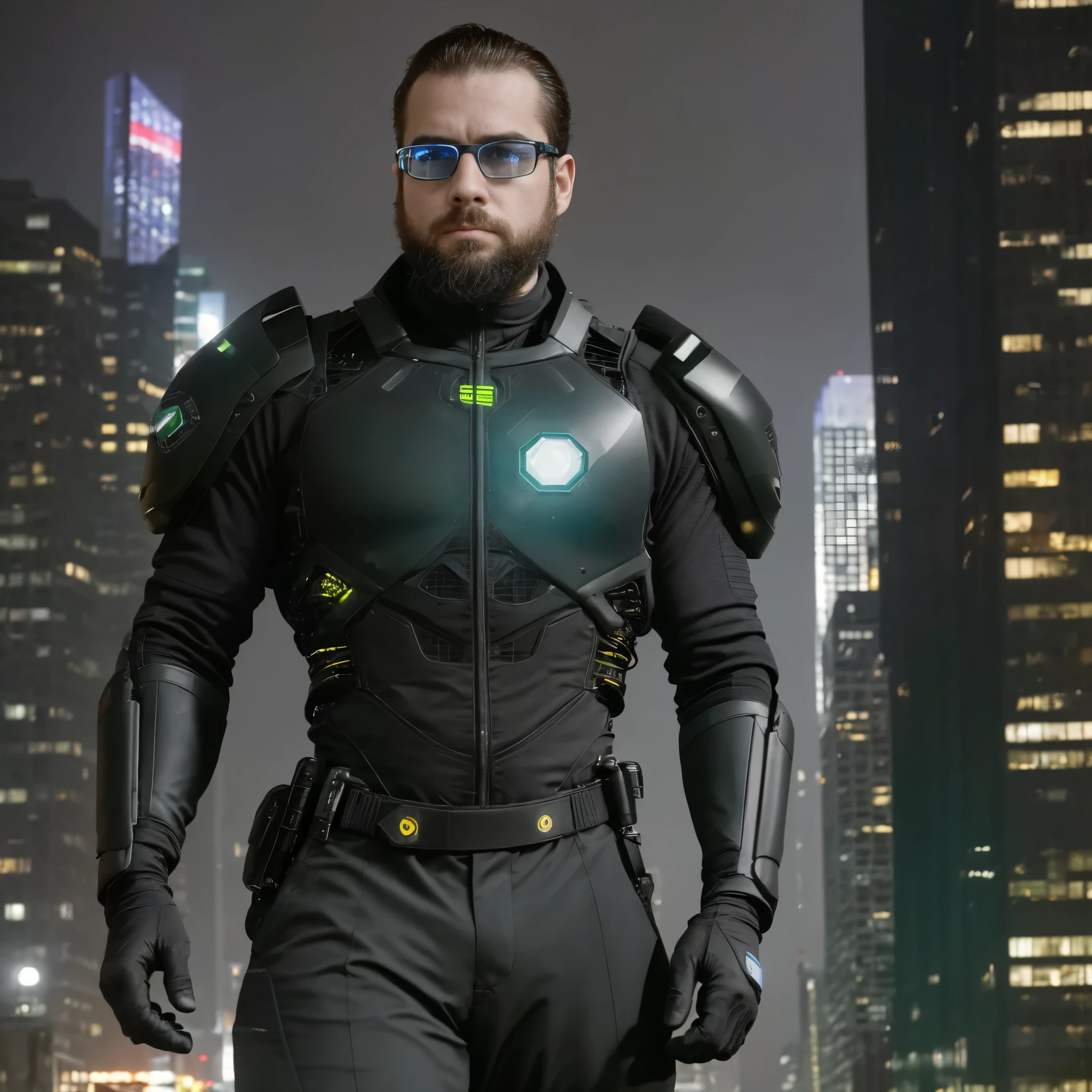 The white man, muscular, 3, with a defined beard, It is set in an advanced futuristic environment of the year 2026. It is located in a hypermodern city, surrounded by glass skyscrapers with organic shapes, large holographic screens projecting information into the air, and floating vehicles gliding silently through the streets. in the sky, Security drones patrol, and technology seems to merge with urban design, while vertical gardens hang from the structures and green spaces are integrated into the architecture.

He wears a black high-tech suit with silver details., Made from a smart fabric that regulates temperature and has subtle LED lights that activate based on their environment. The suit highlights his powerful physique and is equipped with small communication and monitoring devices embedded in the fabric.. He wears augmented reality glasses that project real-time data onto his lenses., as he surveys his futuristic surroundings with a confident and alert expression.

The camera captures it from a high angle, focusing on her torso and the upper part of the modern designed tight pants. The light from holographic screens and technological devices illuminates your face and body, creating a contrast between shadows and bright lights that highlight their strong features. He is a man from 2026, connected to a hyperconnected world, where advanced technology and everyday life intertwine in a futuristic and efficient urban environment.