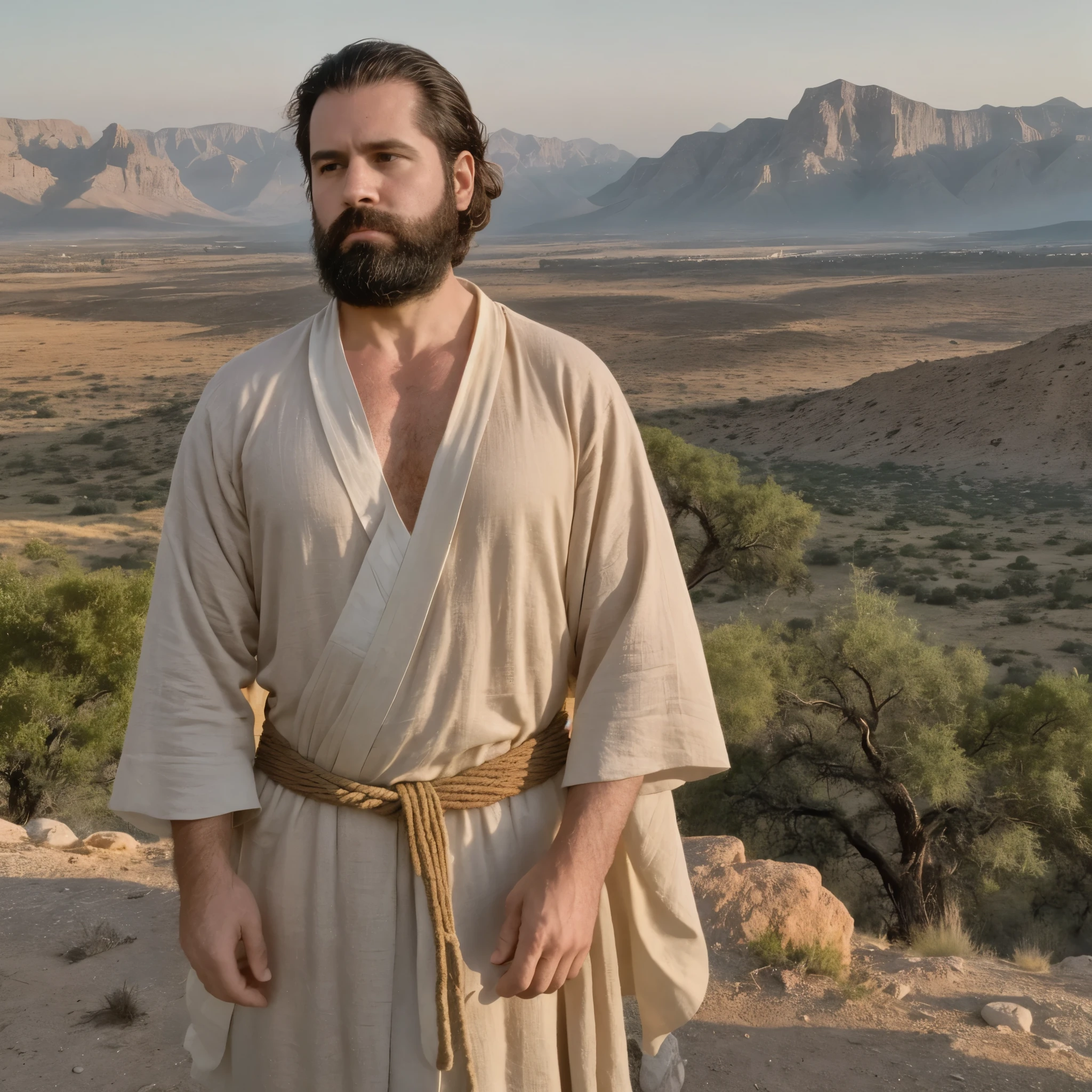 The white man, muscular, 3, with a defined beard, It is located in a solemn and ancient environment, evoking biblical landscapes. He stands on top of a desert hill, with the horizon tinged by the warm tones of dawn. In the distance, You can see rocky mountains and a river winding through a fertile valley, while lonely palm trees rise in the distance. The sky is clear, with soft golden clouds floating over the sacred landscape.

He wears a long beige linen tunic, tied at the waist with a simple rope, which reveals his powerful muscles beneath the loose fabrics. Around it, The gentle wind lightly moves her outfit, creating a sense of calm and reverence. In his right hand he holds a wooden staff., symbol of spiritual guidance and leadership.

The camera captures it from a high angle, focusing on his torso and upper part of the tunic. The soft light of dawn illuminates his face and beard, casting delicate shadows that highlight the serenity of her expression. He is a man who evokes biblical figures, in a moment of deep reflection and connection with the divine, in a landscape that seems taken from ancient scriptures.