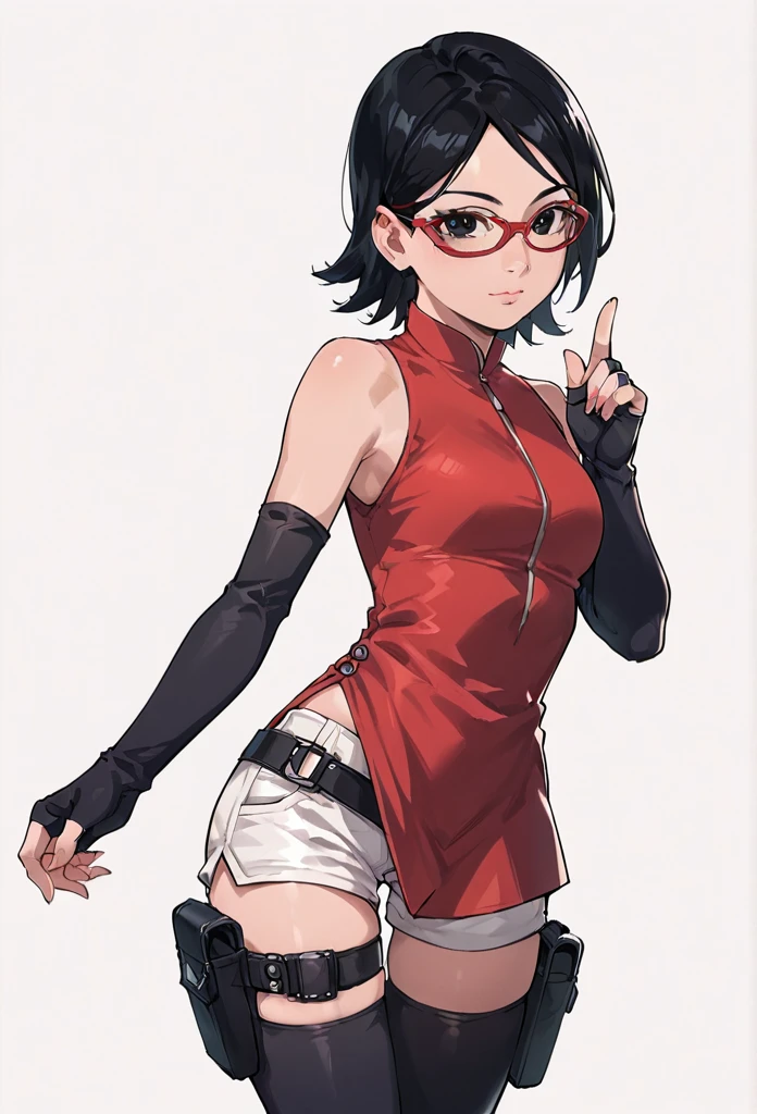 score_9_up, score_8_up, score_7_up, score_6_up, score_5_up, score_4_up, ,zPDXL2, solo, rating_questioablr, perfect face, perfect eyes, BBC_Chan Style, Sarada Uchiha, solo, 1girl, black hair, short hair, red-framed eyewear, glasses, black eyes,red dress, sleeveless, elbow gloves, black gloves, fingerless gloves, white shorts, black thighhighs, thigh holster