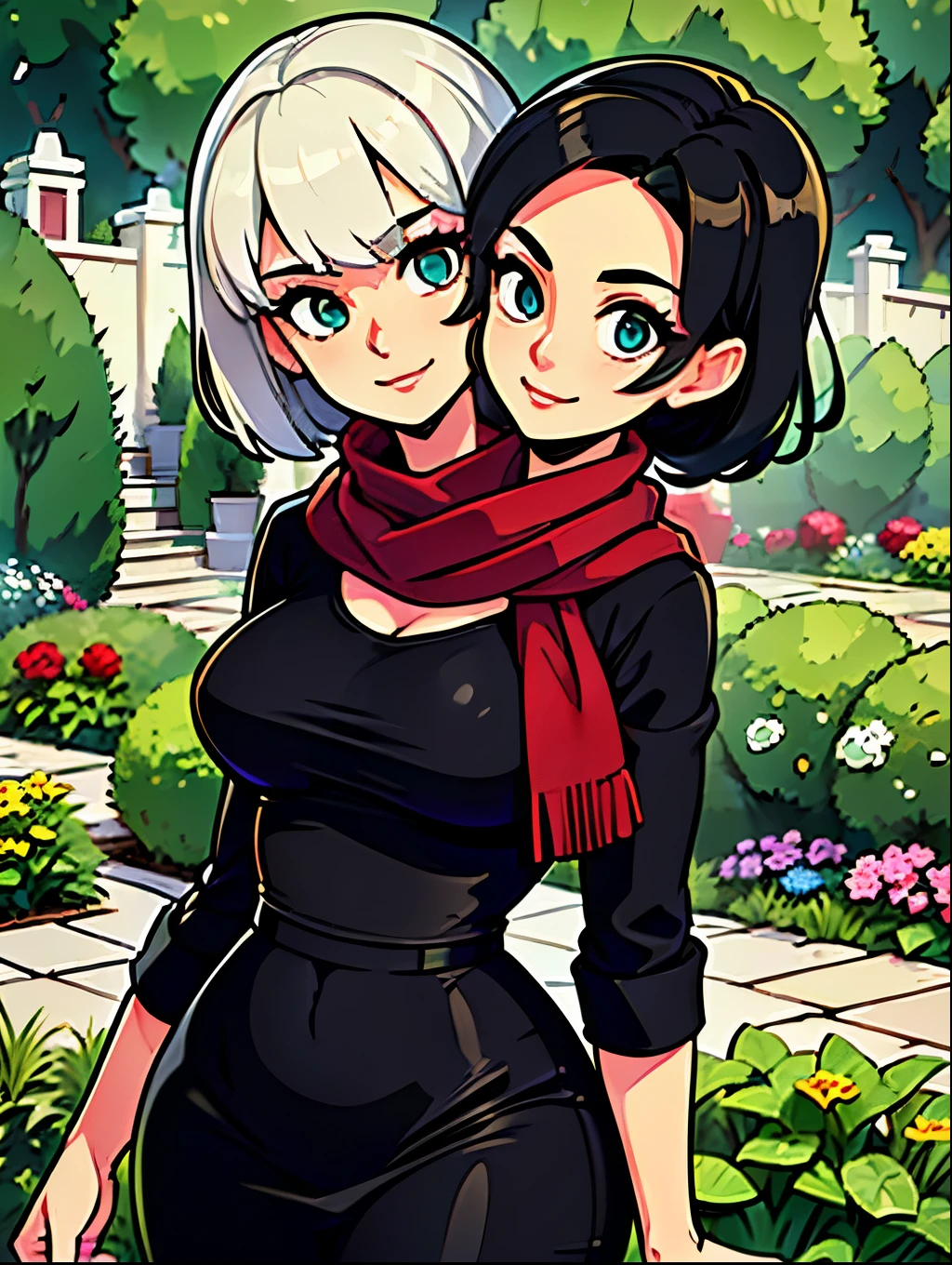 ((best quality), (high quality), (detailed), (masterpiece), good artist, (2heads:1.5), 1girl, ((white hair)), ((black hair)), headbands on each head, (red scarf), casual wear, gentle smile, ((garden background)), (black dress), black pants, A girl with beautiful detailed eyes, (detailed hairstyles), strong and confident expressions, exposed midriff