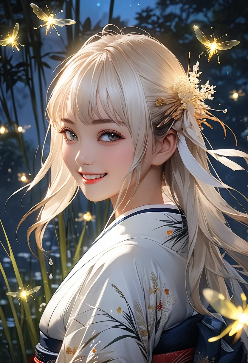 (((masterpiece))),((Highest quality)),beautiful girl, An_reeds, bangs、Translucent white skin, Shining Sweat, Japanese、 Beautiful digital art, Beautiful fantasy art, Dynamic pose, A kind smile, Mysterious Background, aura, A gentle gaze, break, Small faint lights and flying fireflies, night, lanthanum,