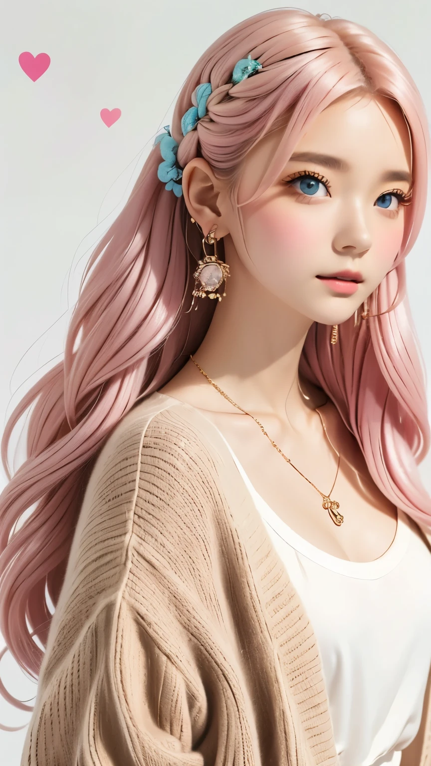 rainbow, One Girl, alone,very cute, Long Hair, View Audience, Blue Eyes Background, White Background, jewelry, Mouth closed, Jacket, Upper Body, Pink Hair, Earrings, Pink Eyes, necklace, From the side, sweater, lips, eyelash, Compensate, Wavy Hair, Earrings, cross, lipstick, 耳のEarrings, eye shadow, hoop Earrings, ピンクのlips, Variegated eyes, Pink Theme, , ピンクのeye shadow,